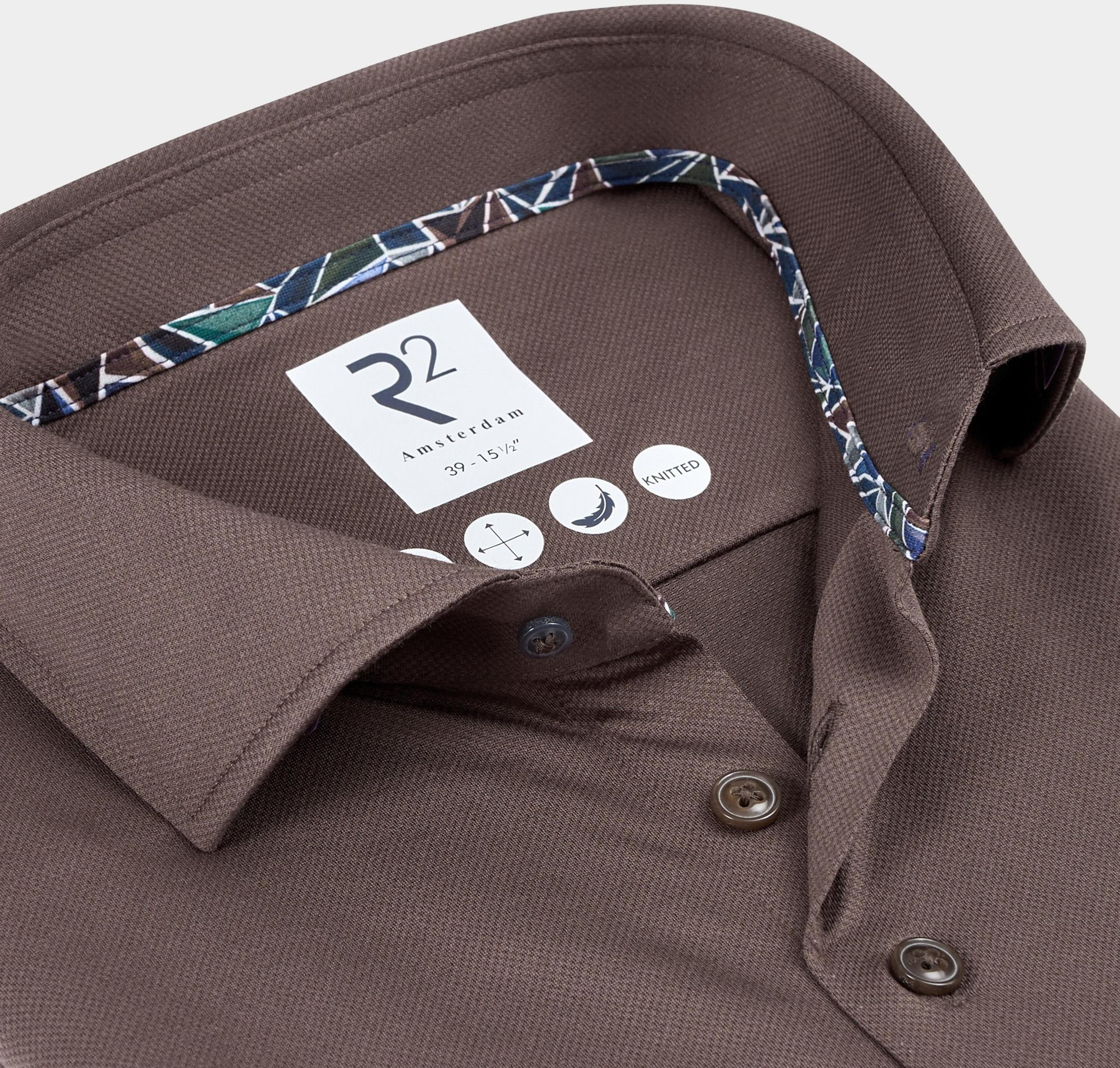 R2 Amsterdam Casual hemd lange mouw Bruin Solid dobby knitted 130.WSP.004/041
