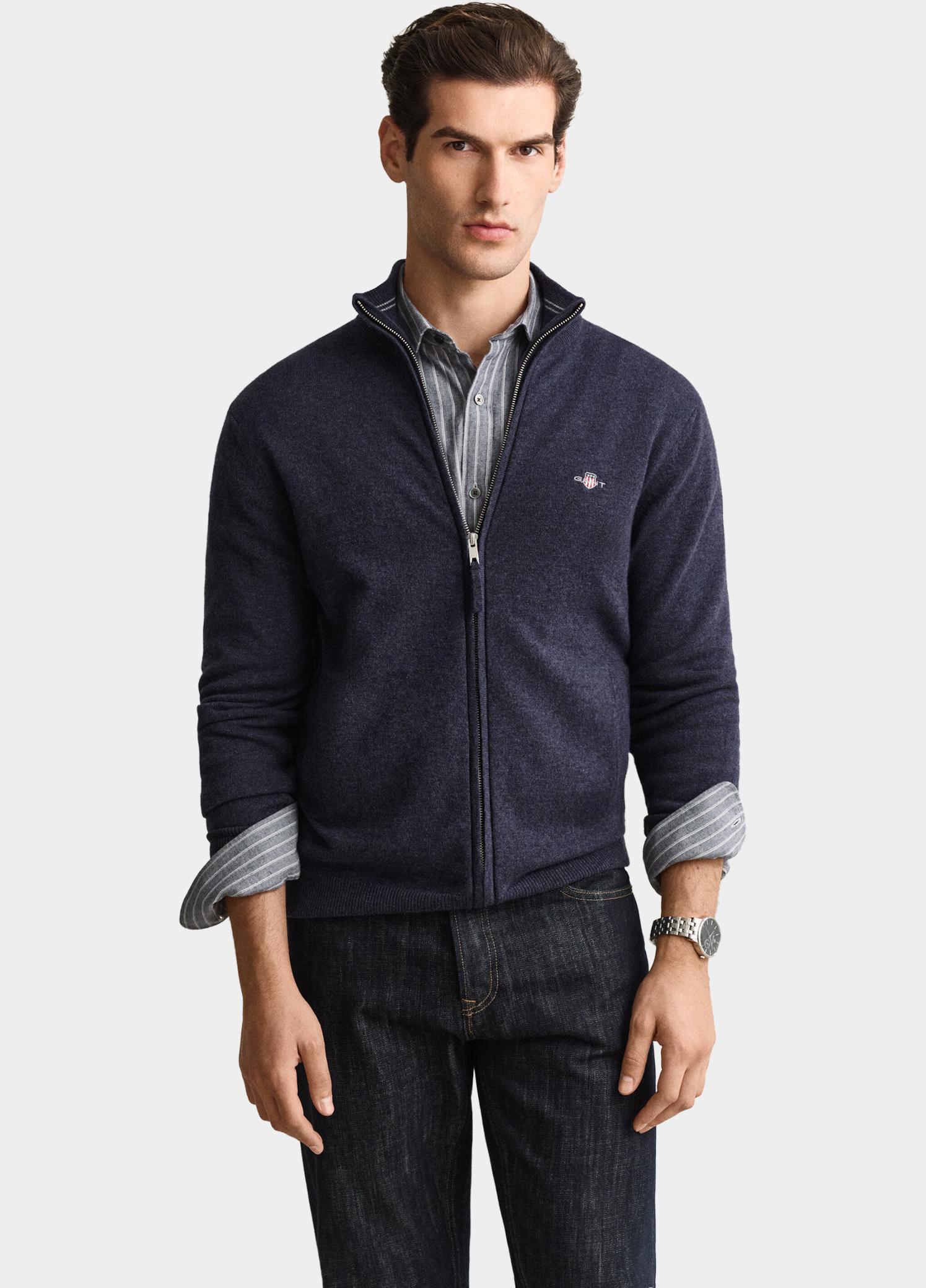 Gant Vest heren Blauw Lamswollen vest met ritssluit 87314/480