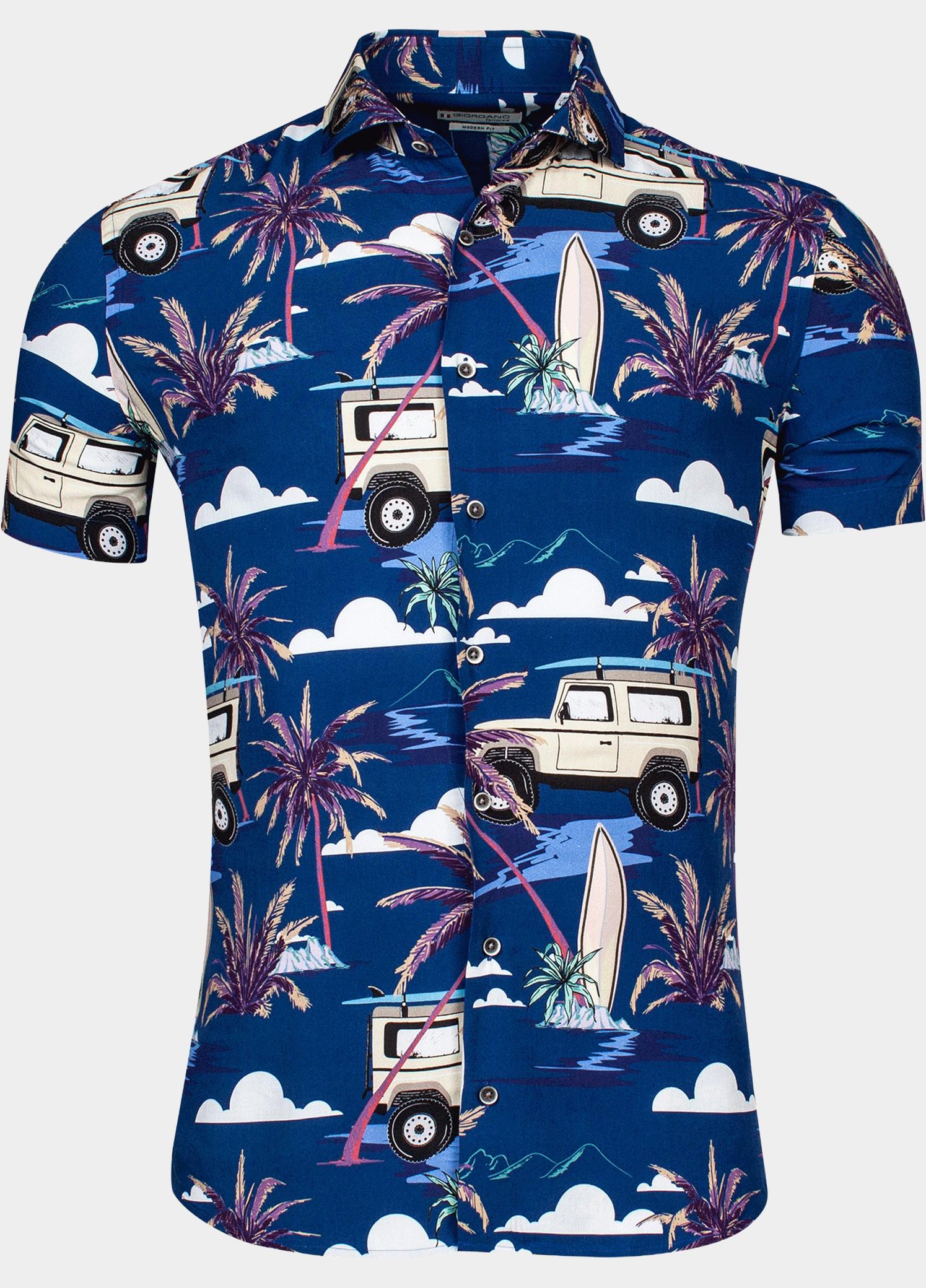 Giordano overhemd korte mouw heren Blauw Front, SS Cutaway Safari Prin 416818/60