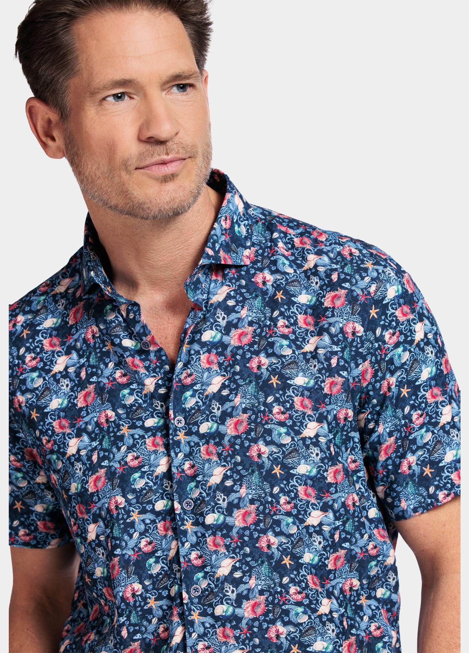 Giordano overhemd korte mouw heren Blauw Front, SS Cutaway Sea Life Pr 416821/60