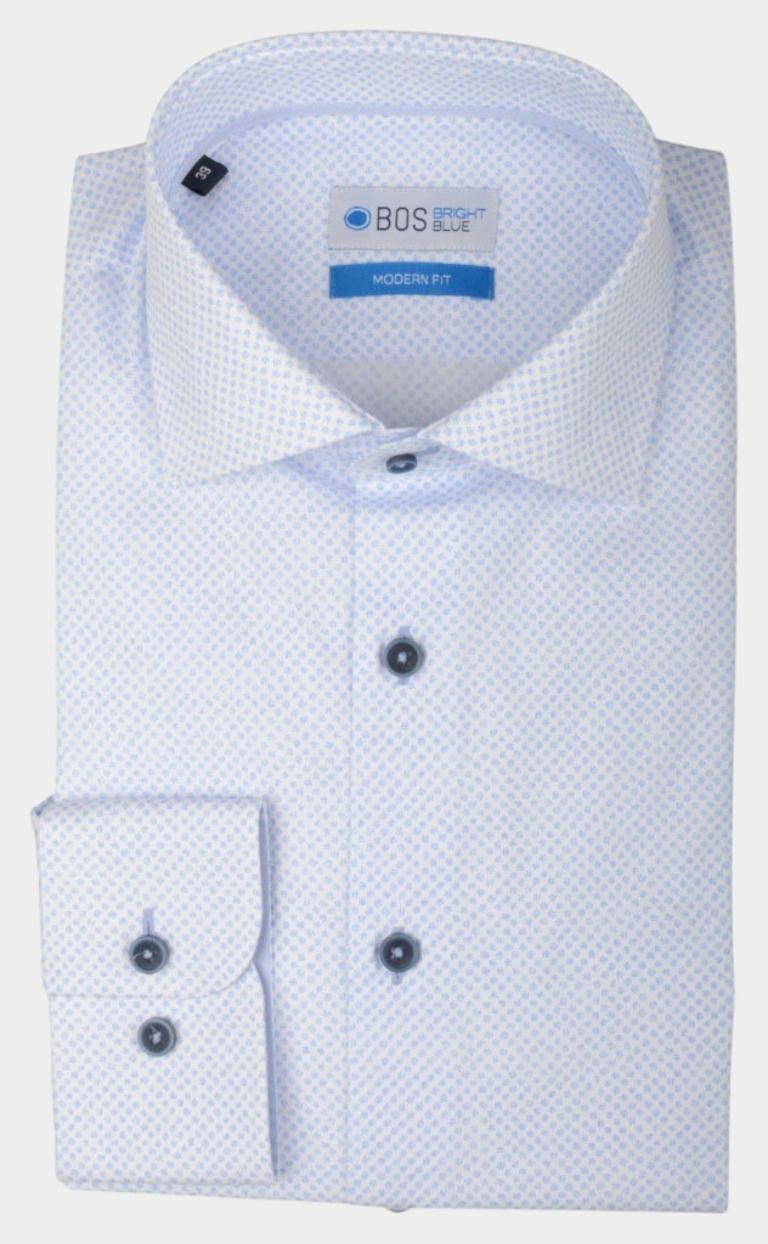 Bos Bright Blue Business hemd lange mouw Blauw Overhemd wit met micro print 20106WE46BO/210 l.blue