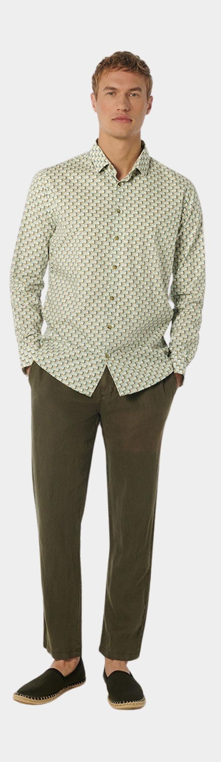 No Excess Casual hemd lange mouw Groen Shirt Stretch Allover Printed 23450209/058