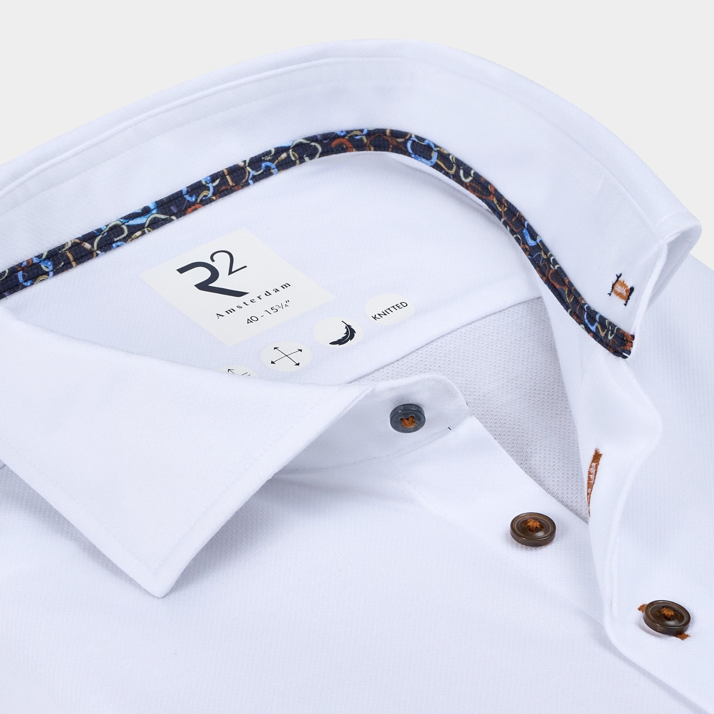 R2 Amsterdam Casual hemd lange mouw Wit Solid dobby knitted 130.WSP.001/004