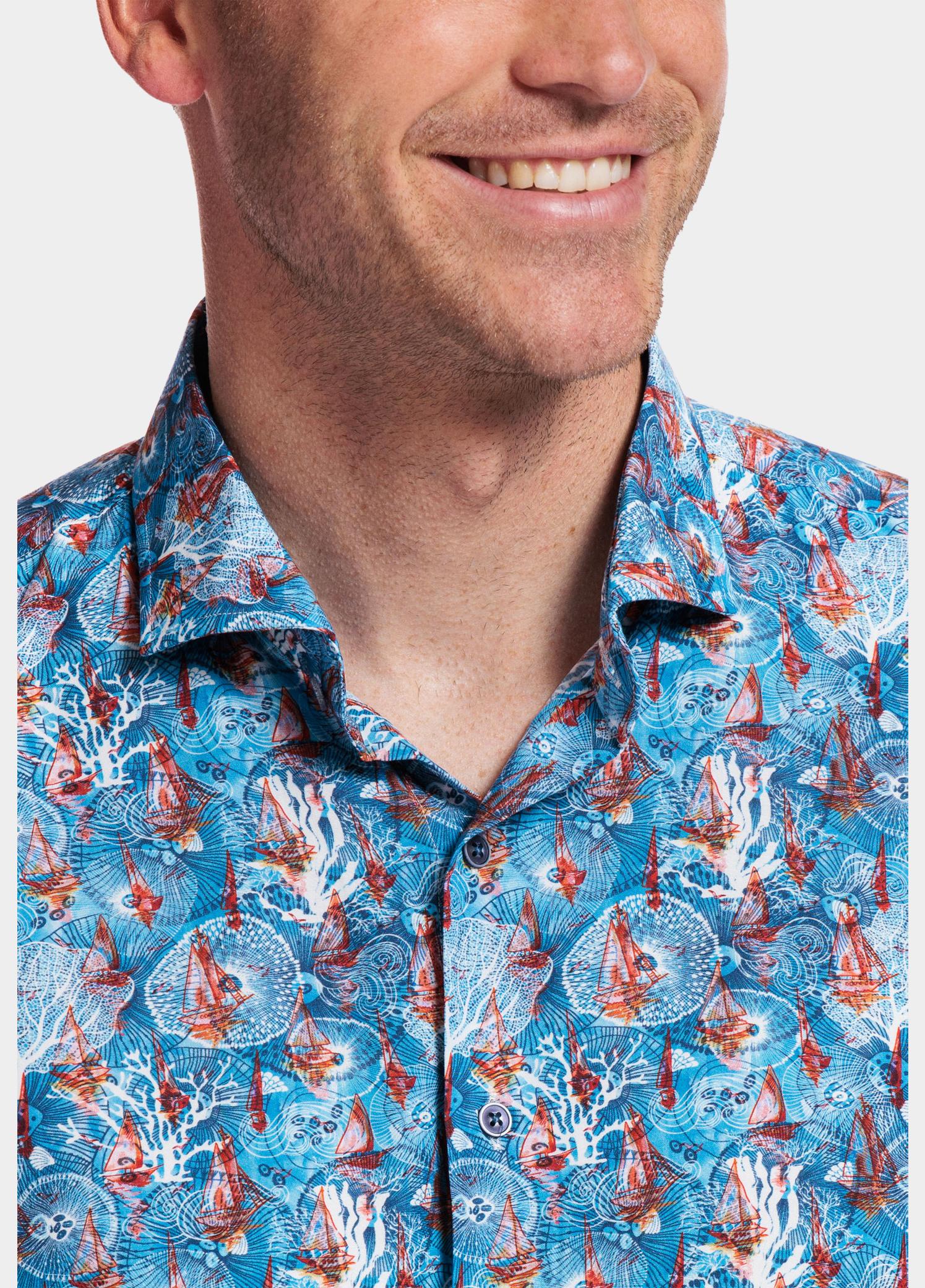 Giordano overhemd korte mouw heren Blauw Front, SS Cutaway Sea Life Pr 416821/64