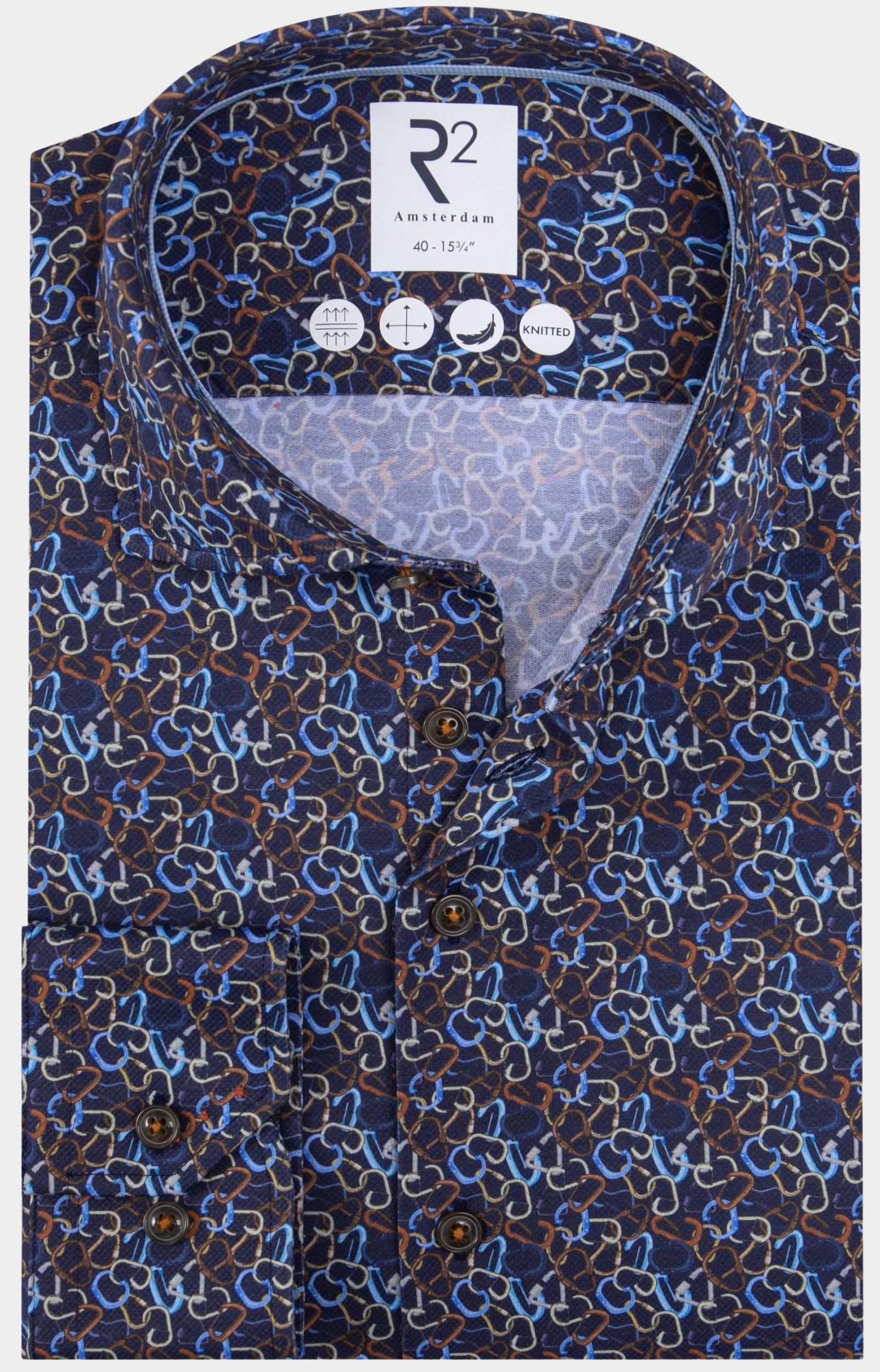 R2 Amsterdam Overhemd extra lange mouw Blauw Carabiner print on knitted 130.WSP.XLS.002/010