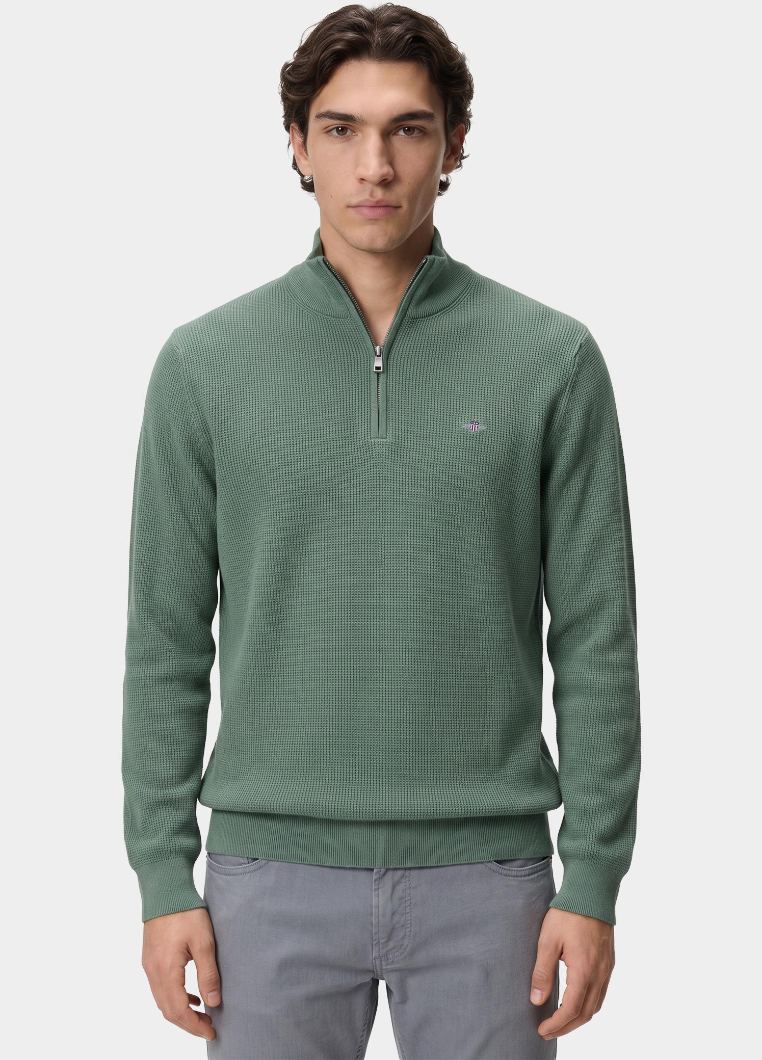 Gant Half Zip Groen Katoenen Textured sweater met 8030292/308