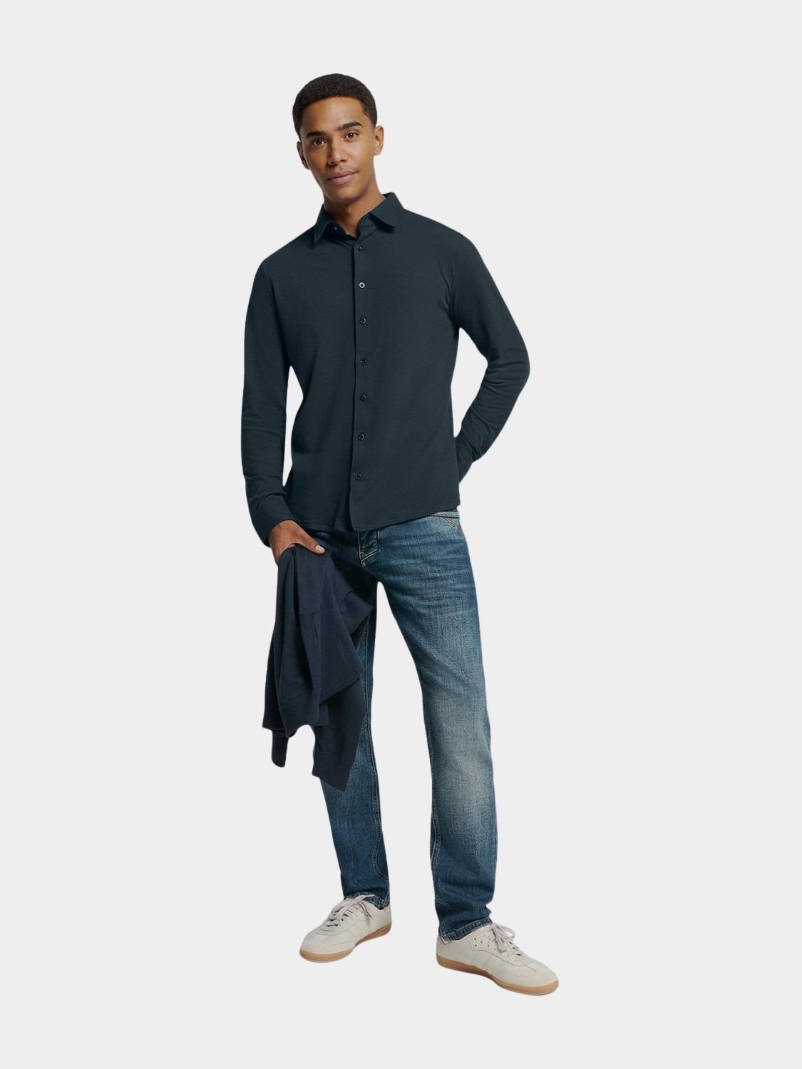 No Excess Casual hemd lange mouw Blauw Shirt Jersey Pique Stretch N4186/078