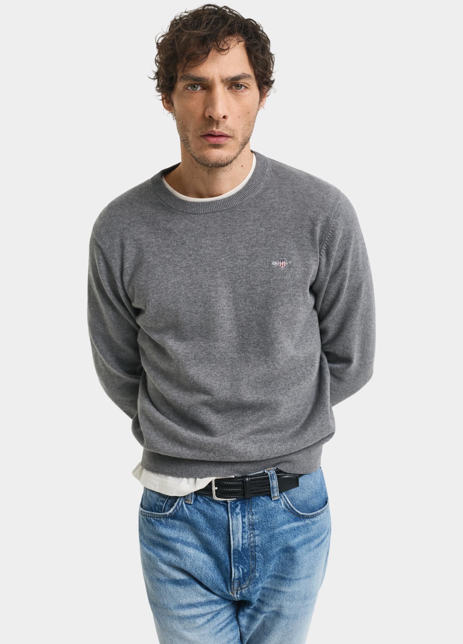 Gant Pullover heren Grijs Katoenen trui met ronde hals 8030561/092
