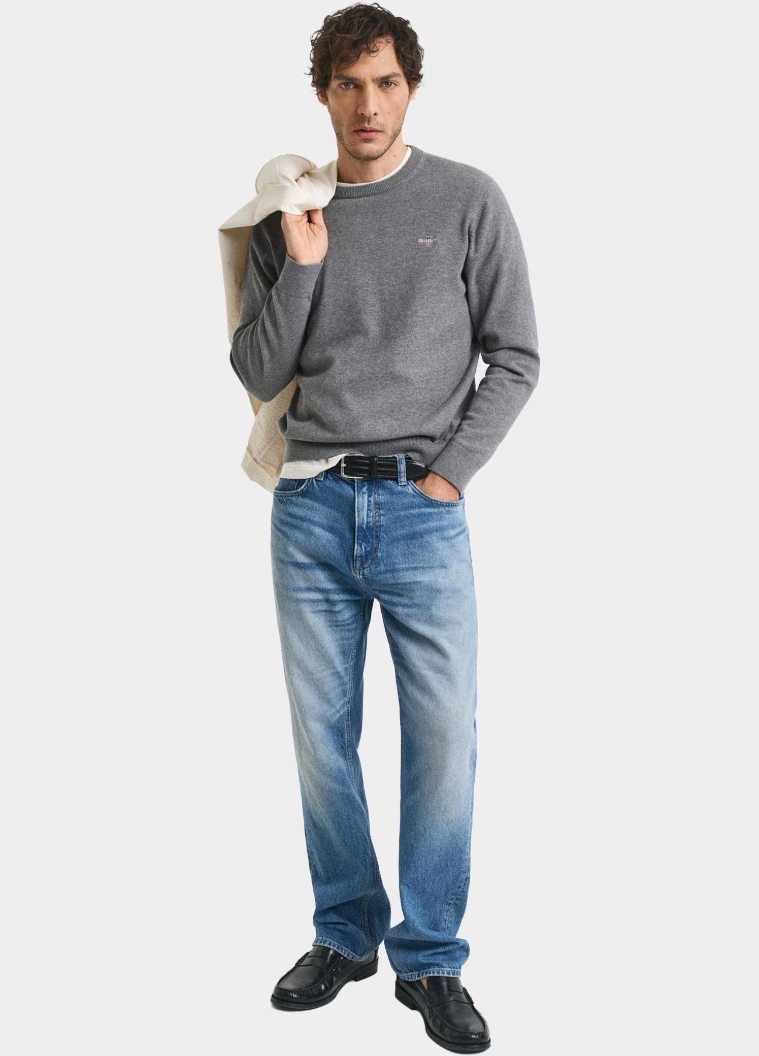 Gant Pullover heren Grijs Katoenen trui met ronde hals 8030561/092