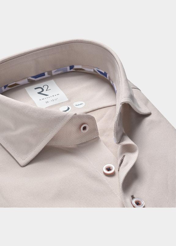 R2 Amsterdam Casual hemd lange mouw Beige Solid technical dobby knitted 132.WSP.001/045