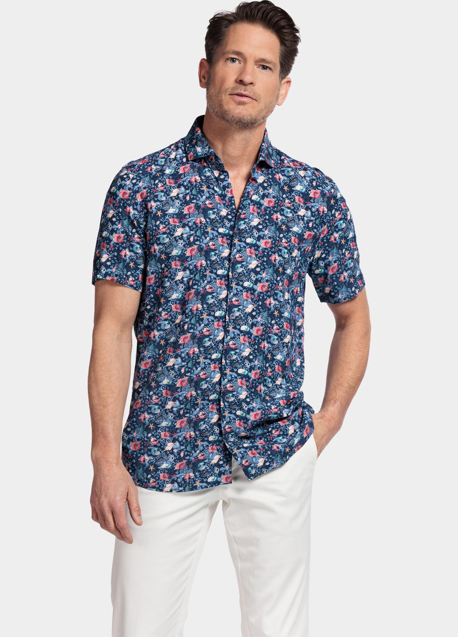 Giordano overhemd korte mouw heren Blauw Front, SS Cutaway Sea Life Pr 416821/60