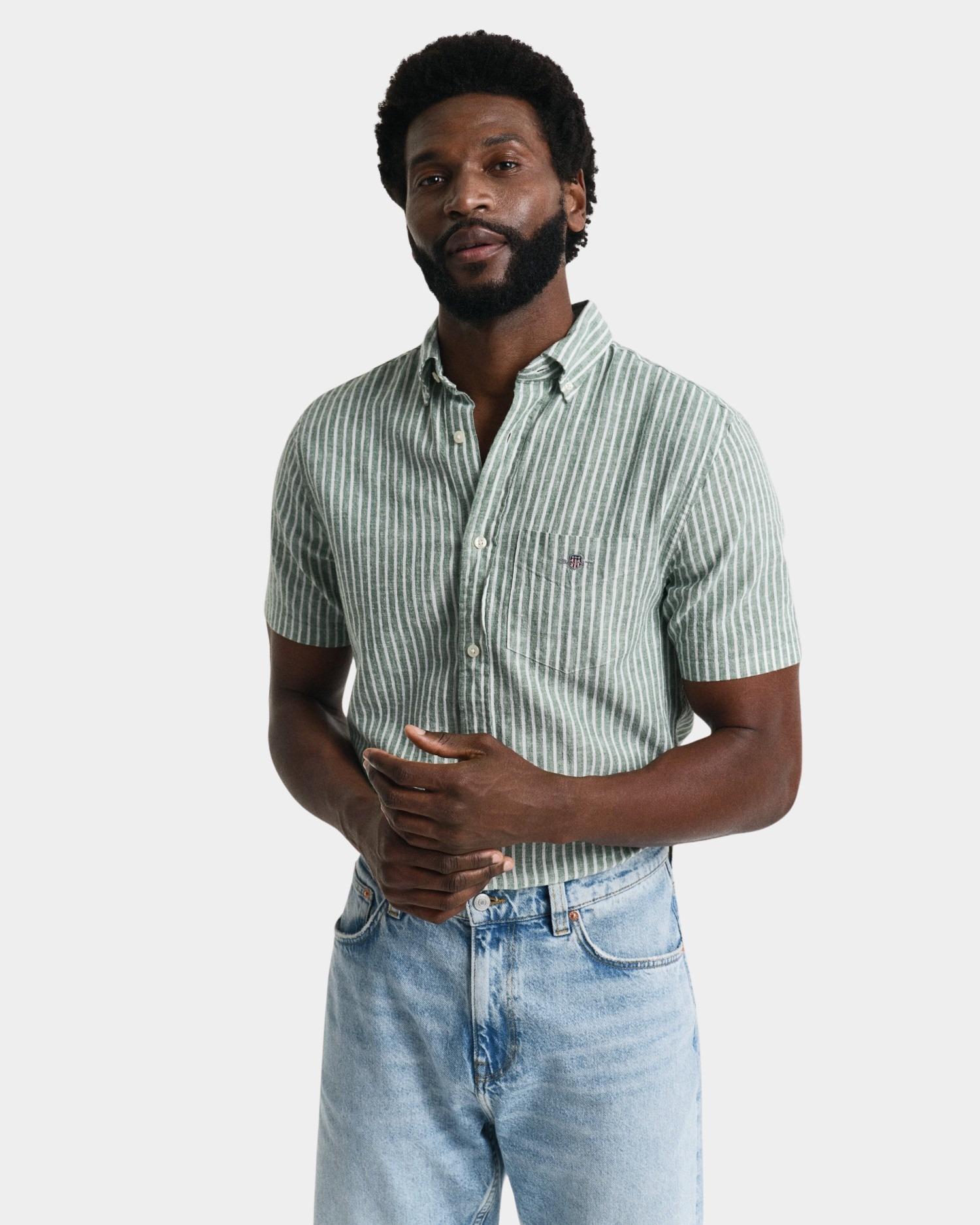 Gant Casual hemd korte mouw Groen REG COTTON LINEN STRIPE SS SH 3250039/318