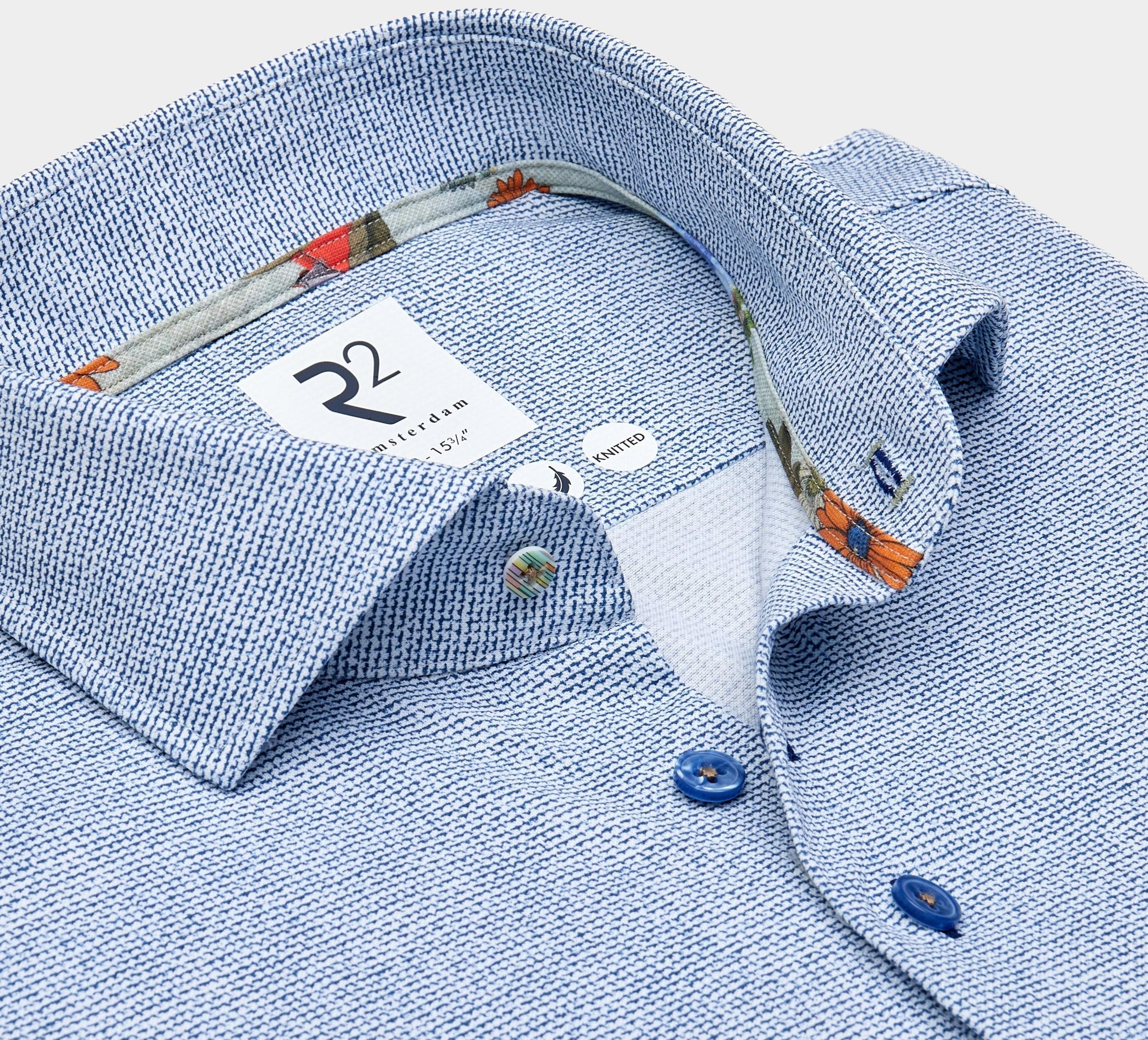 R2 Amsterdam Casual hemd lange mouw Blauw Mini print on Japanese knitte 128.WSP.002/014