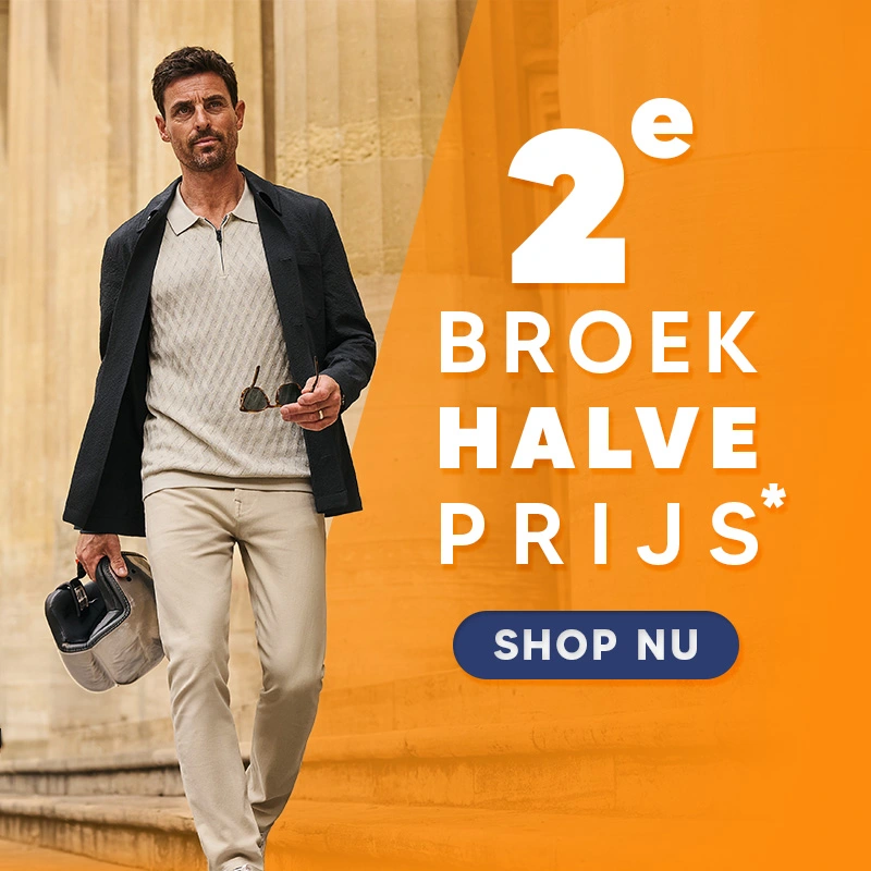 2e broek halve prijs — heren chino actie voorjaar 2026, shop nu