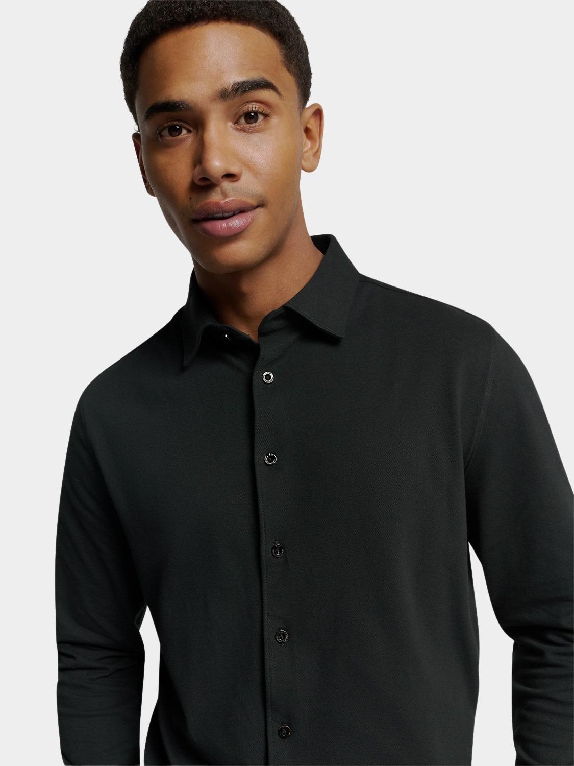 No Excess Casual hemd lange mouw Zwart Shirt Jersey Pique Stretch N4186/020