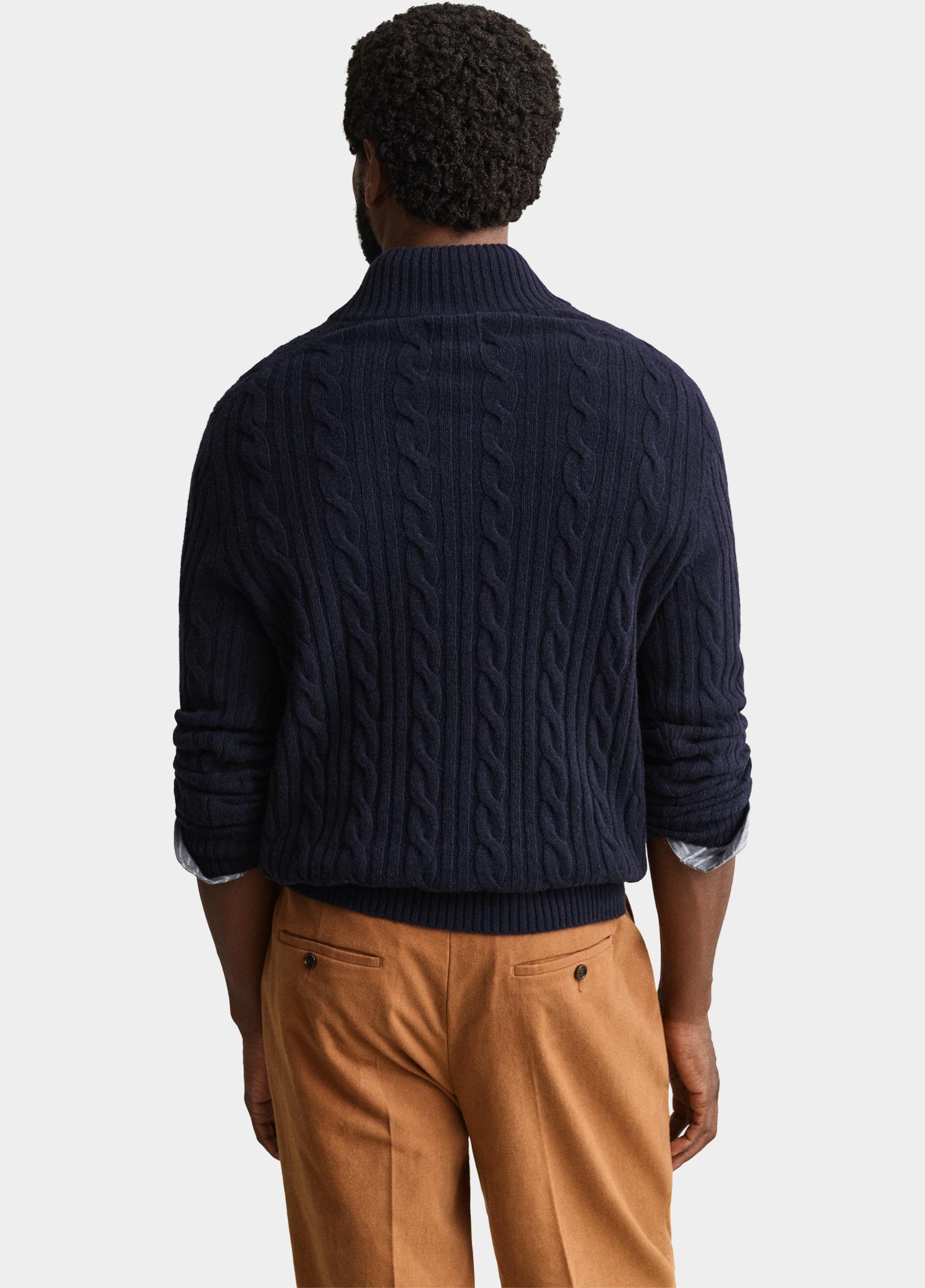 Gant Half Zip Blauw Lamswollen polotrui met kabel 8050325/433