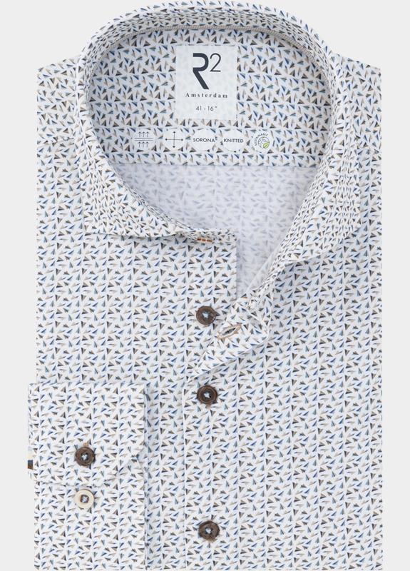 R2 Amsterdam Casual hemd lange mouw Beige Blue beige paper plane print 132.WSP.003/045