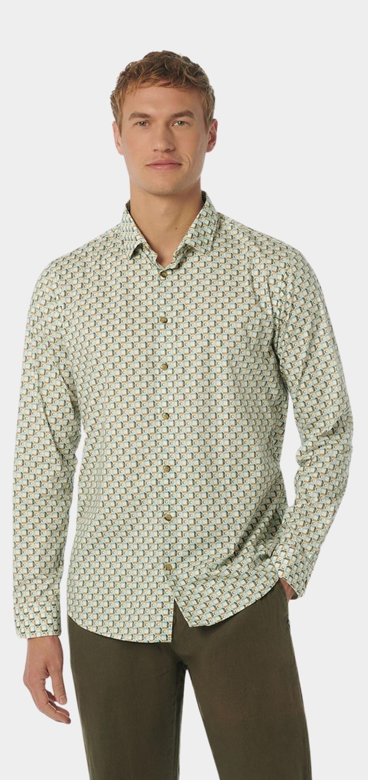 No Excess Casual hemd lange mouw Groen Shirt Stretch Allover Printed 23450209/058