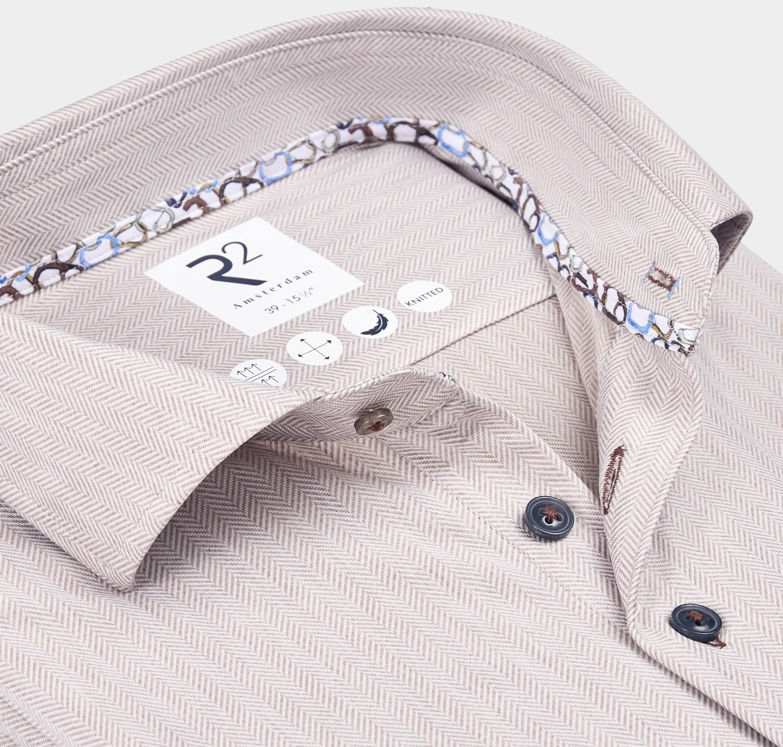 R2 Amsterdam Casual hemd lange mouw Beige Solid herringbone knitted 130.WSP.005/045