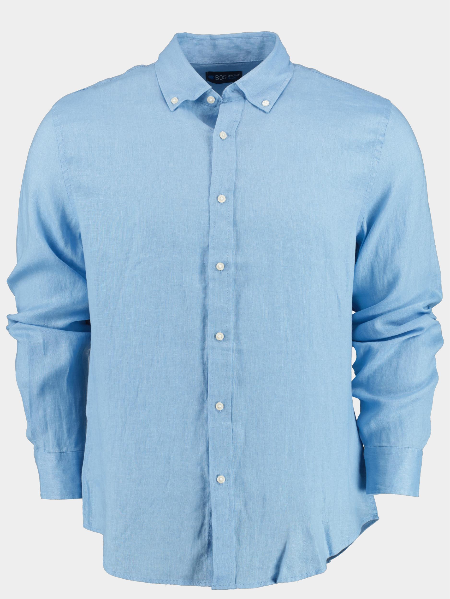 Bos Bright Blue Casual hemd lange mouw Blauw Linnen shirt slim fit 9435900/240