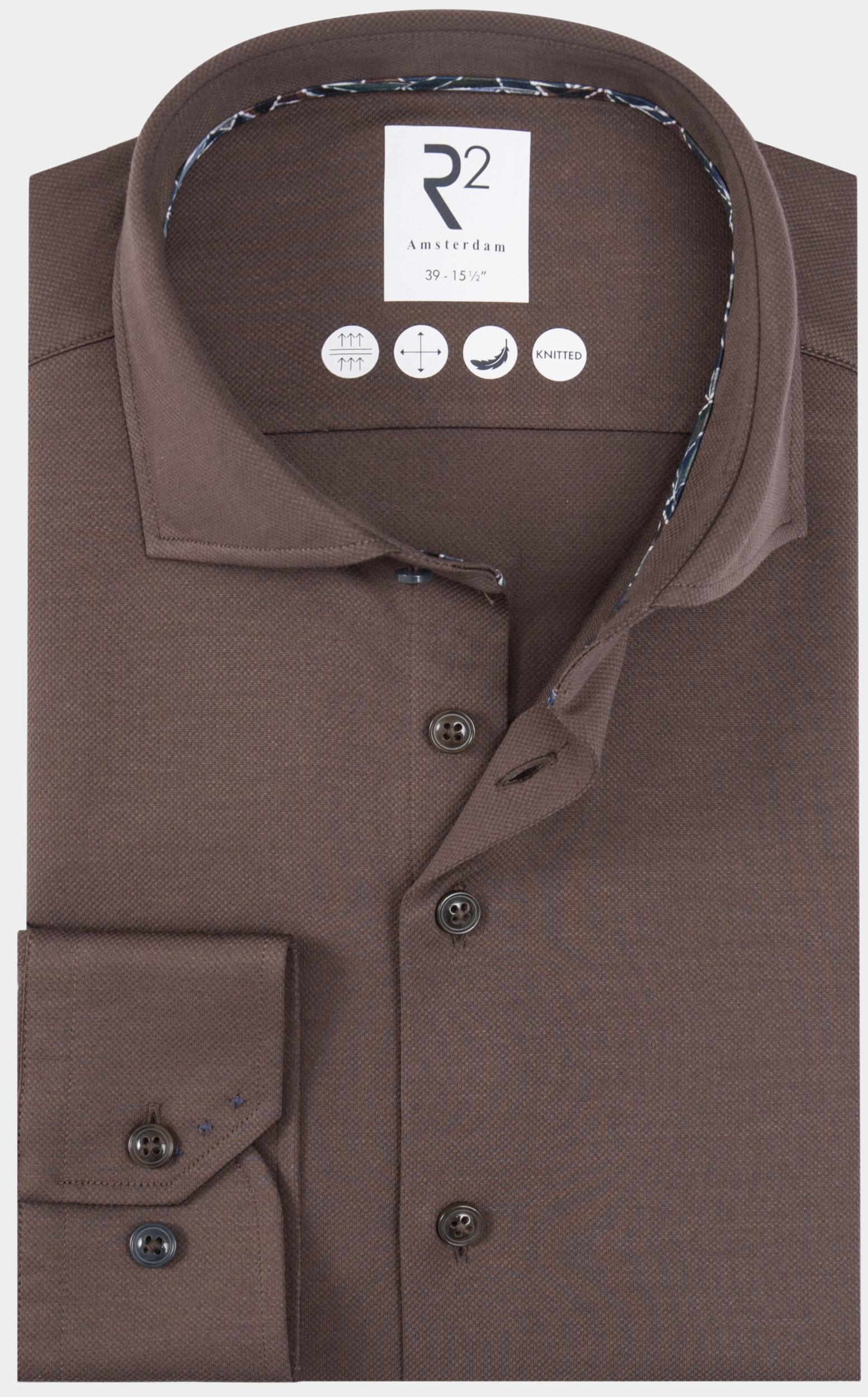 R2 Amsterdam Casual hemd lange mouw Bruin Solid dobby knitted 130.WSP.004/041