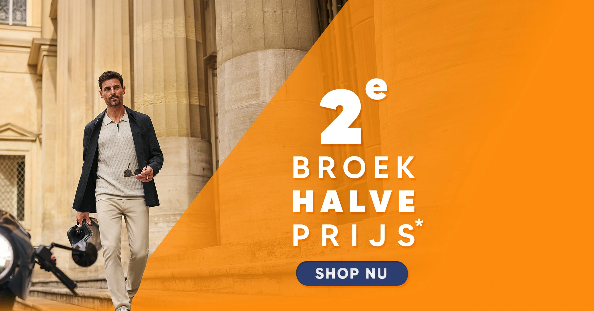 2e broek halve prijs — heren chino actie voorjaar 2026, shop nu