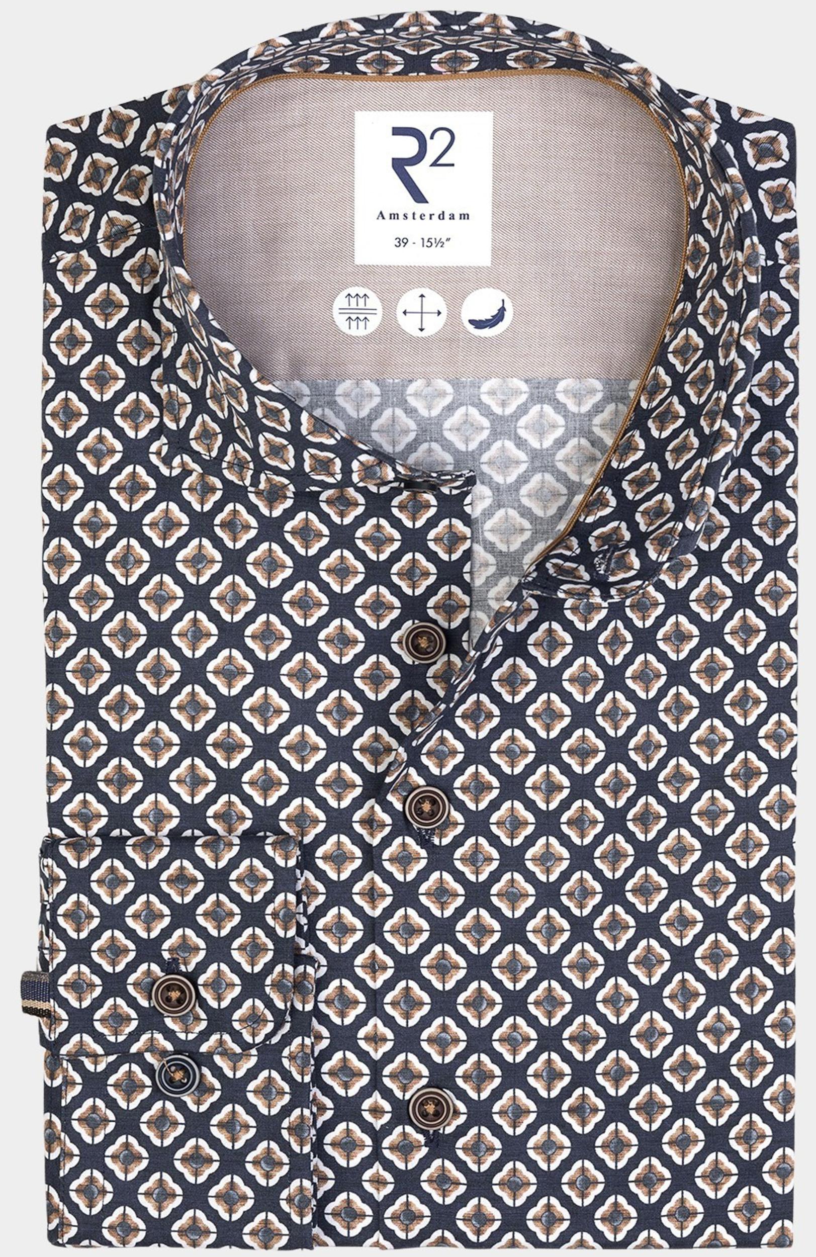 R2 Amsterdam Casual hemd lange mouw Blauw Navy beige print on poplin 130.WSP.063/010