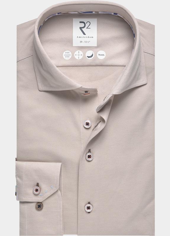 R2 Amsterdam Casual hemd lange mouw Beige Solid technical dobby knitted 132.WSP.001/045
