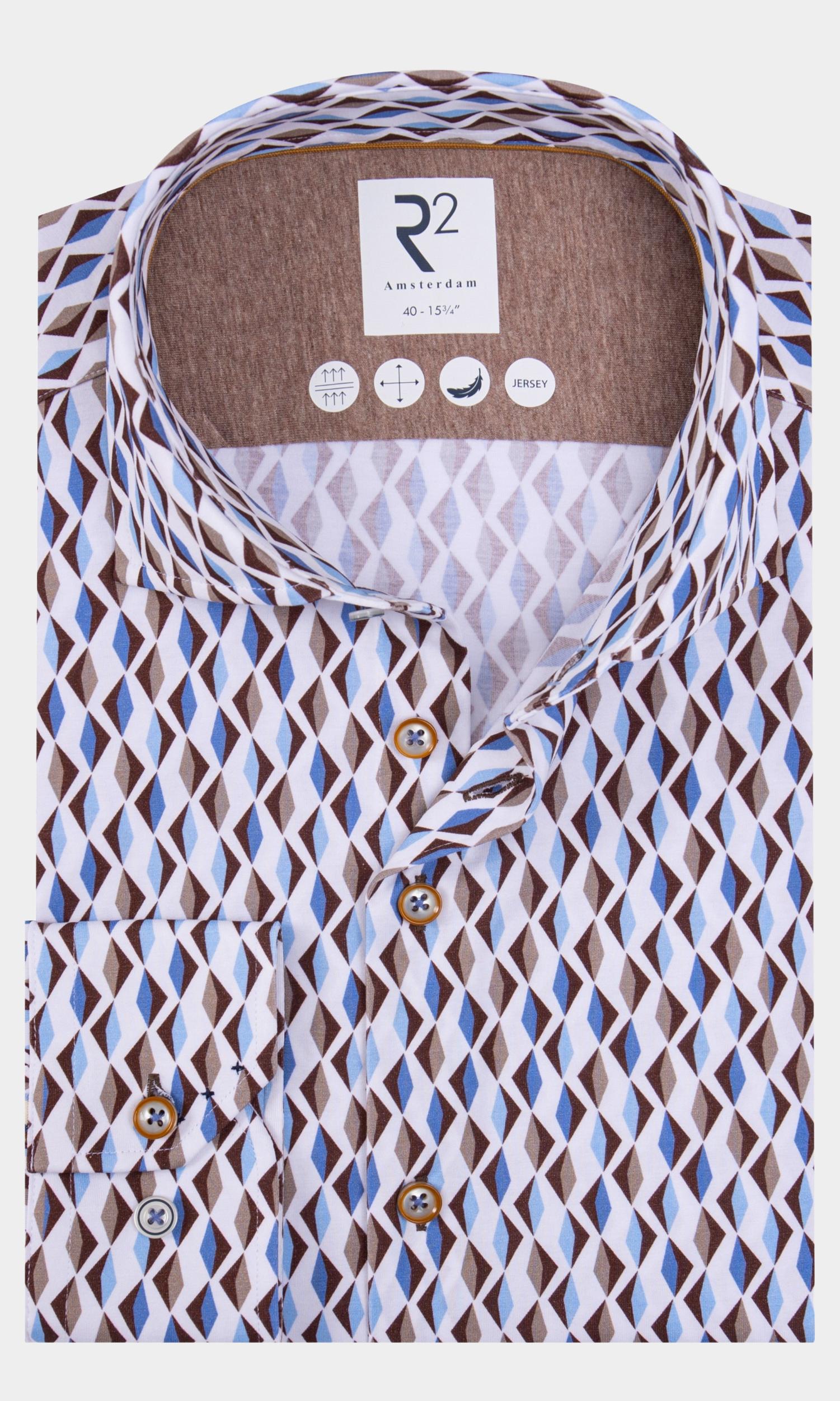 R2 Amsterdam Casual hemd lange mouw Beige Light blue beige retro print 130.WSP.029/045