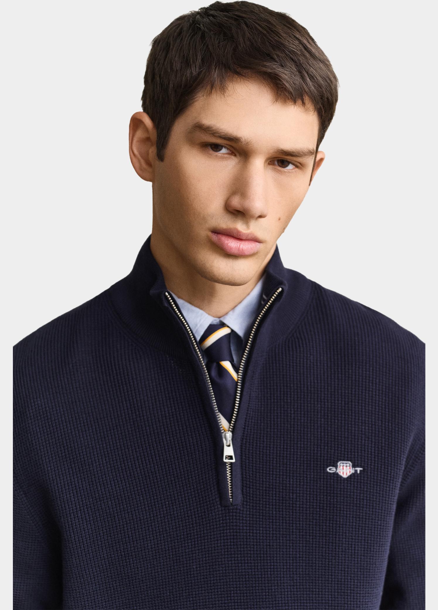 Gant Half Zip Blauw Katoenen Textured sweater met 8030292/433
