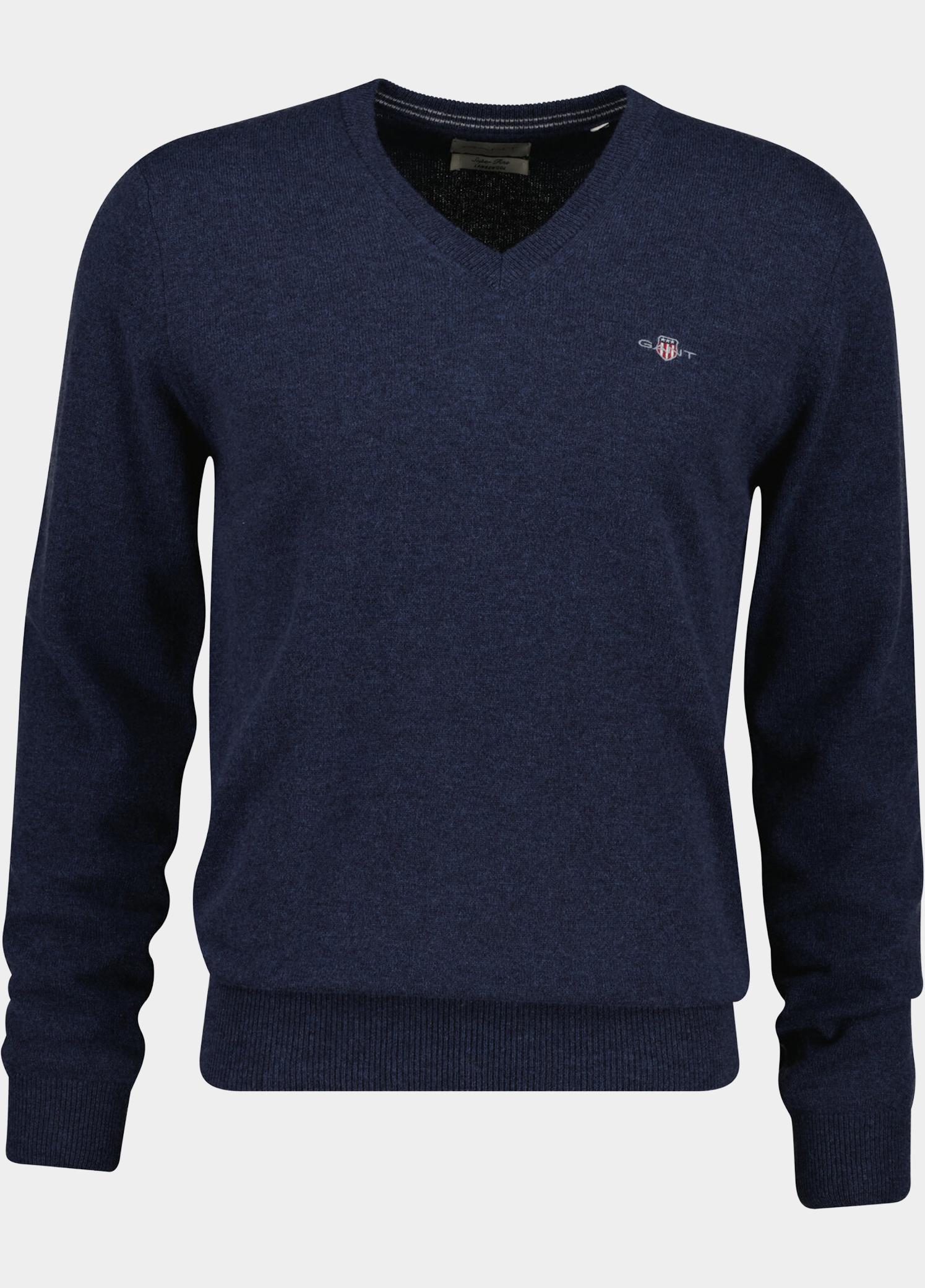 Gant Pullover heren Blauw Lamswollen trui met V-hals 87312/480