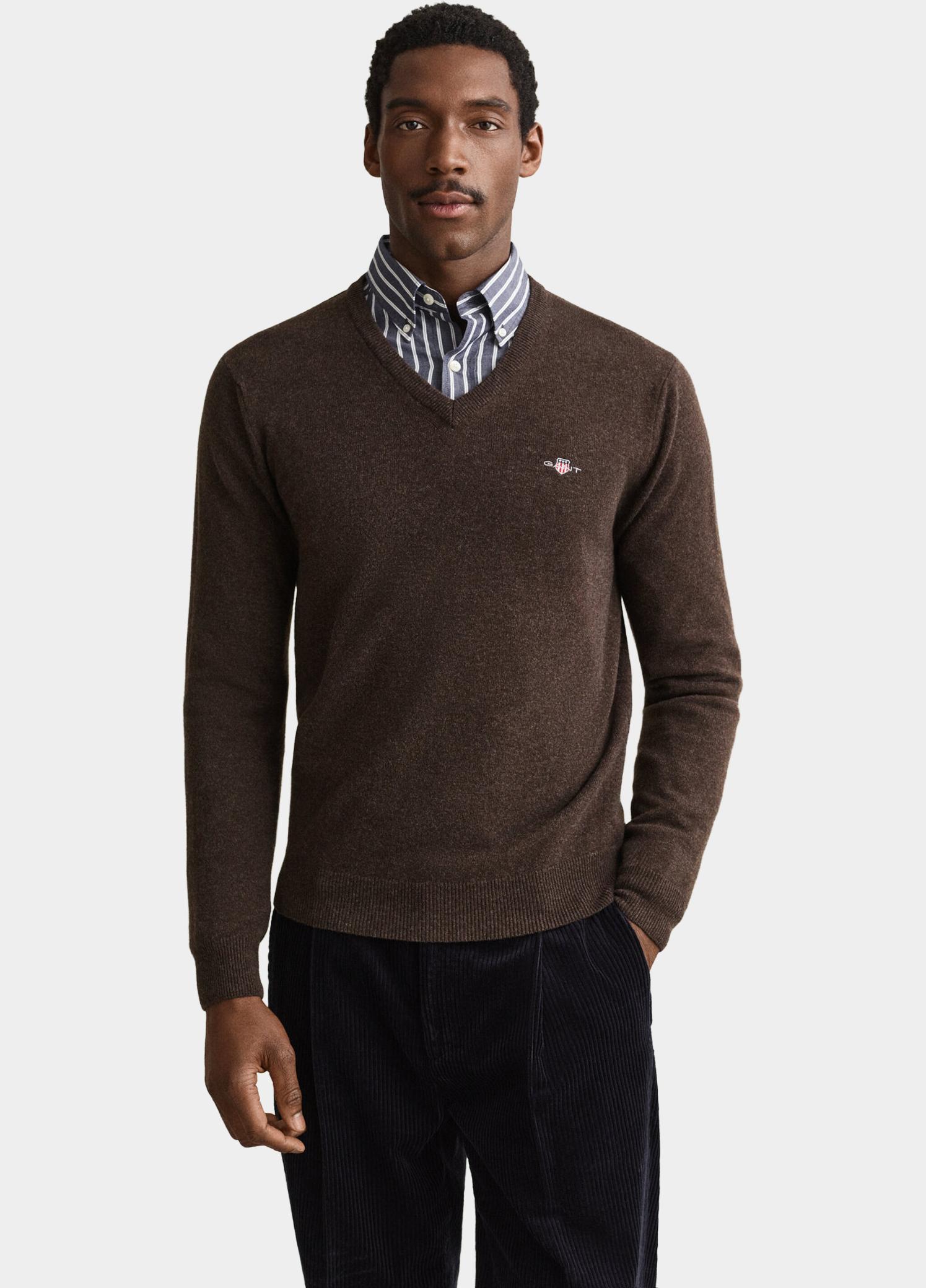 Gant Pullover heren Bruin Lamswollen trui met V-hals 87312/280