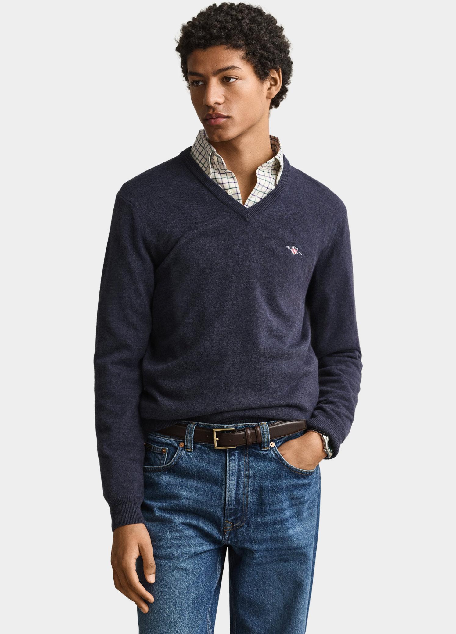 Gant Pullover heren Blauw Lamswollen trui met V-hals 87312/480