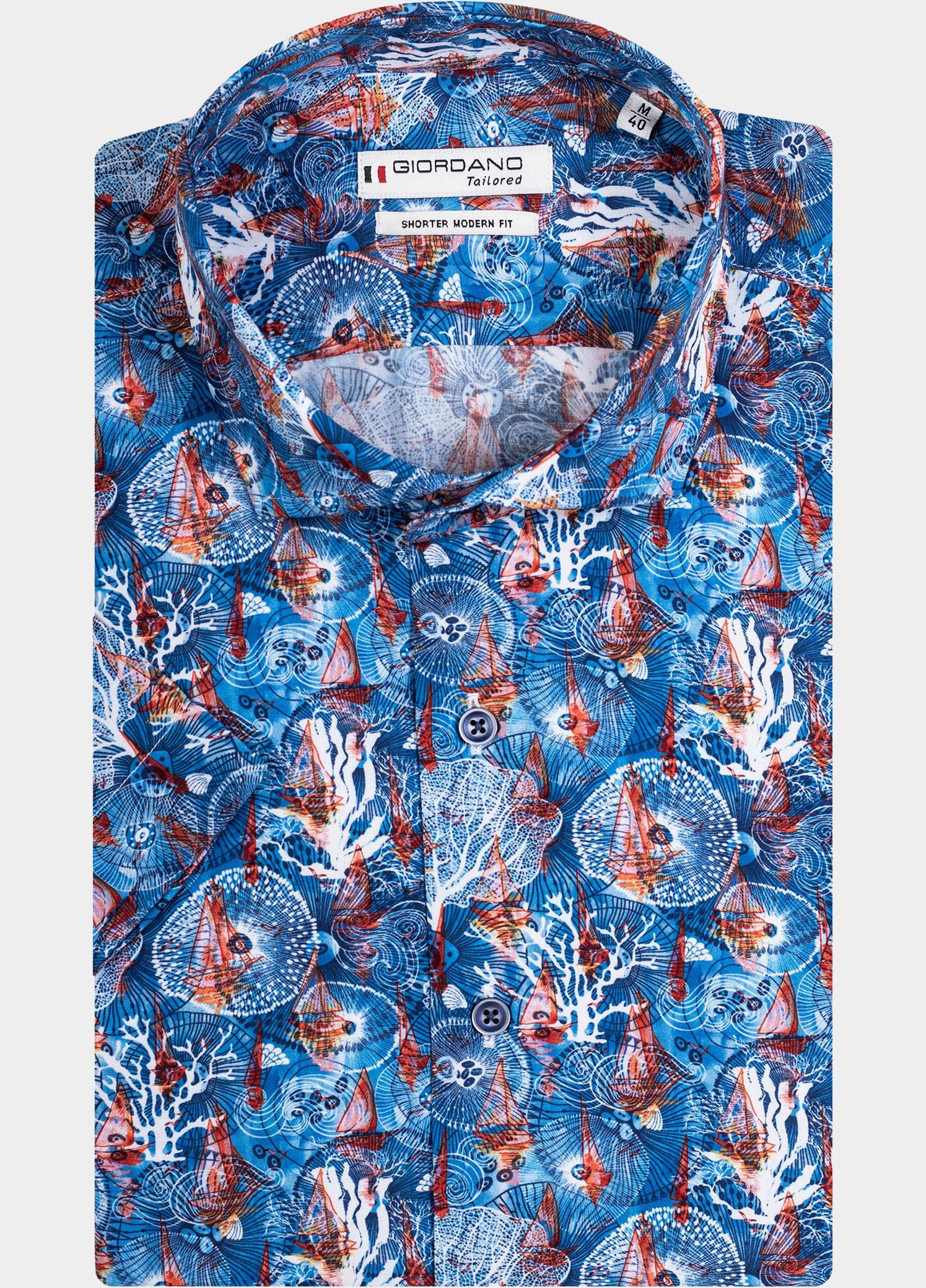 Giordano overhemd korte mouw heren Blauw Front, SS Cutaway Sea Life Pr 416821/64