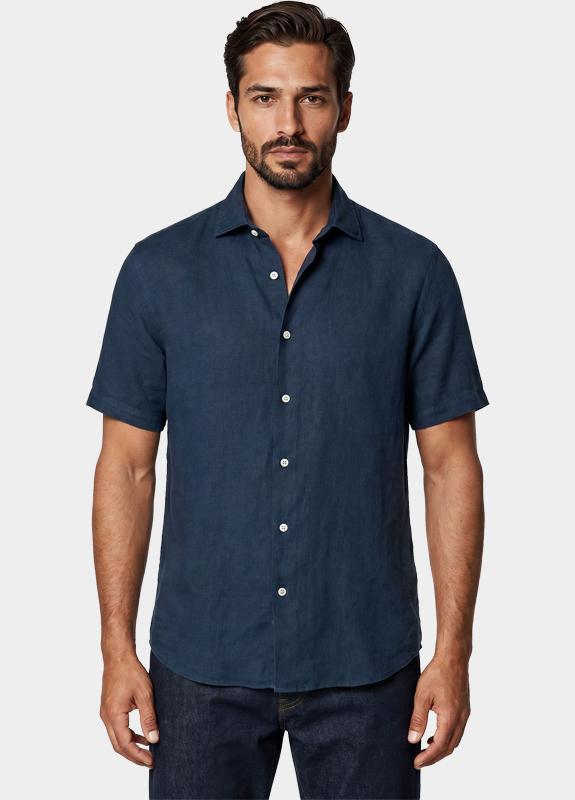 Bos overhemd korte mouw heren Blauw Linnen shirt 5700.426/208