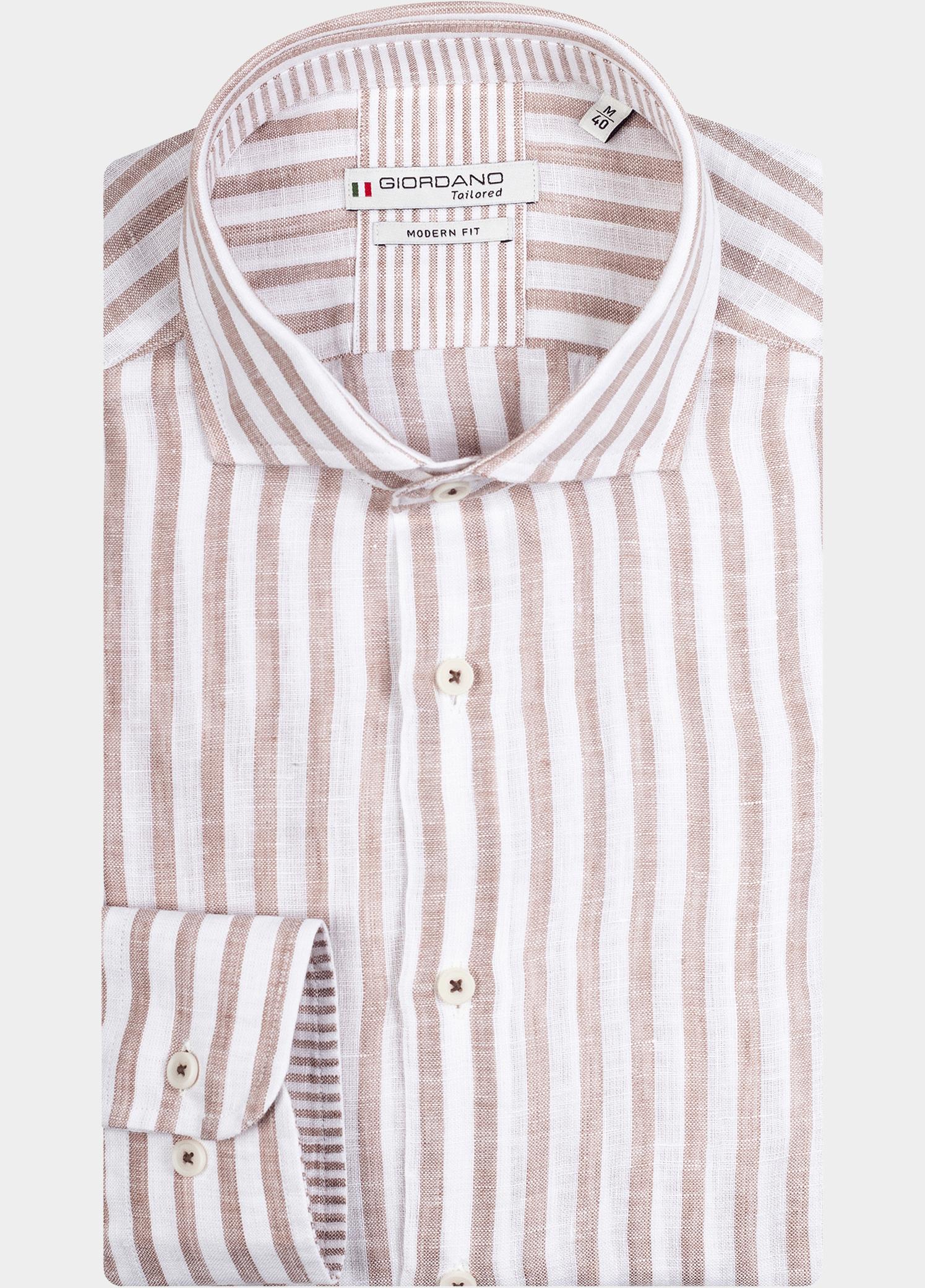 Giordano Overhemd heren Bruin Row, LS Cutaway Stripe Linen 417838/80