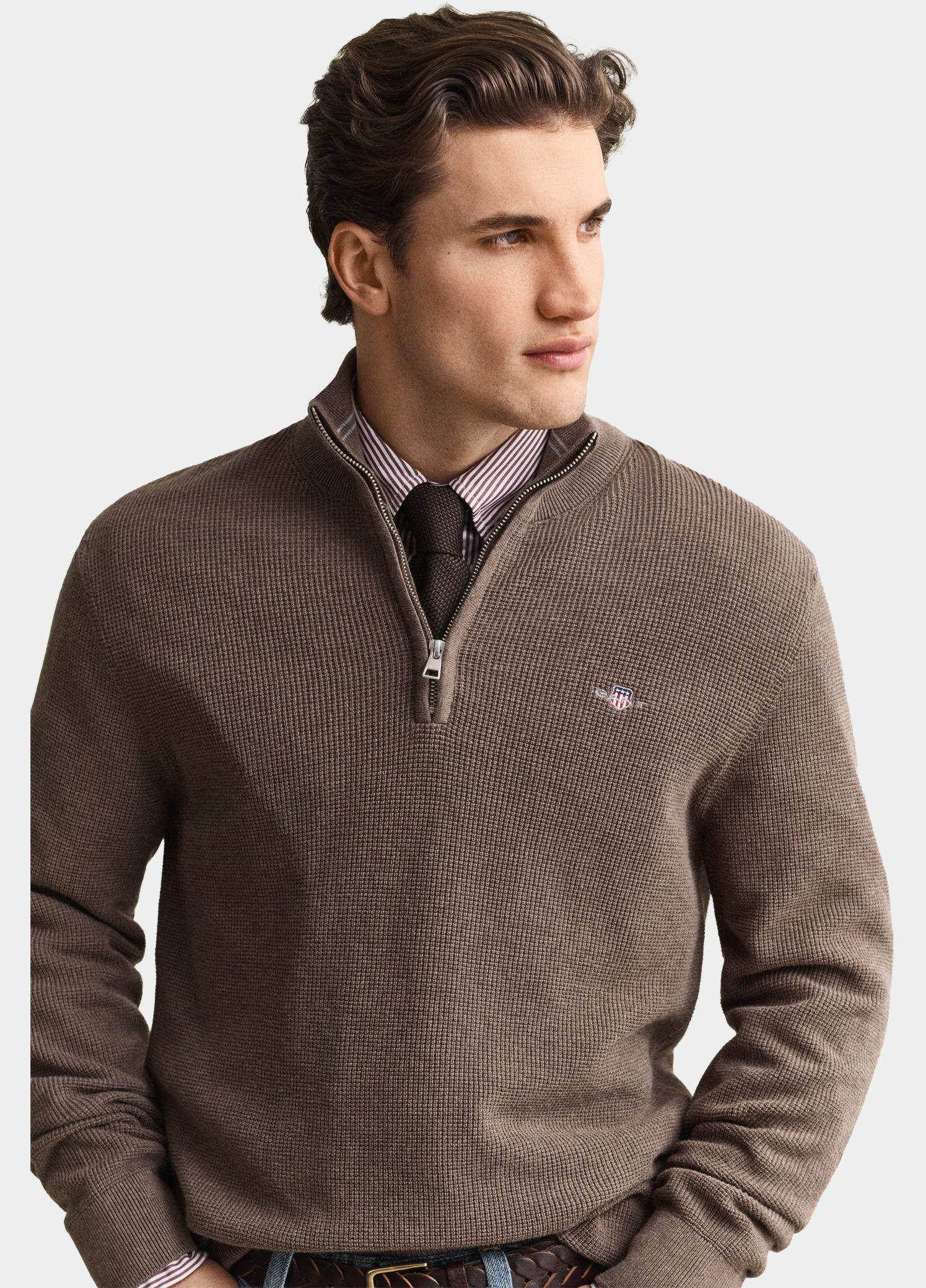 Gant Half Zip Bruin Katoenen Textured sweater met 8030292/294