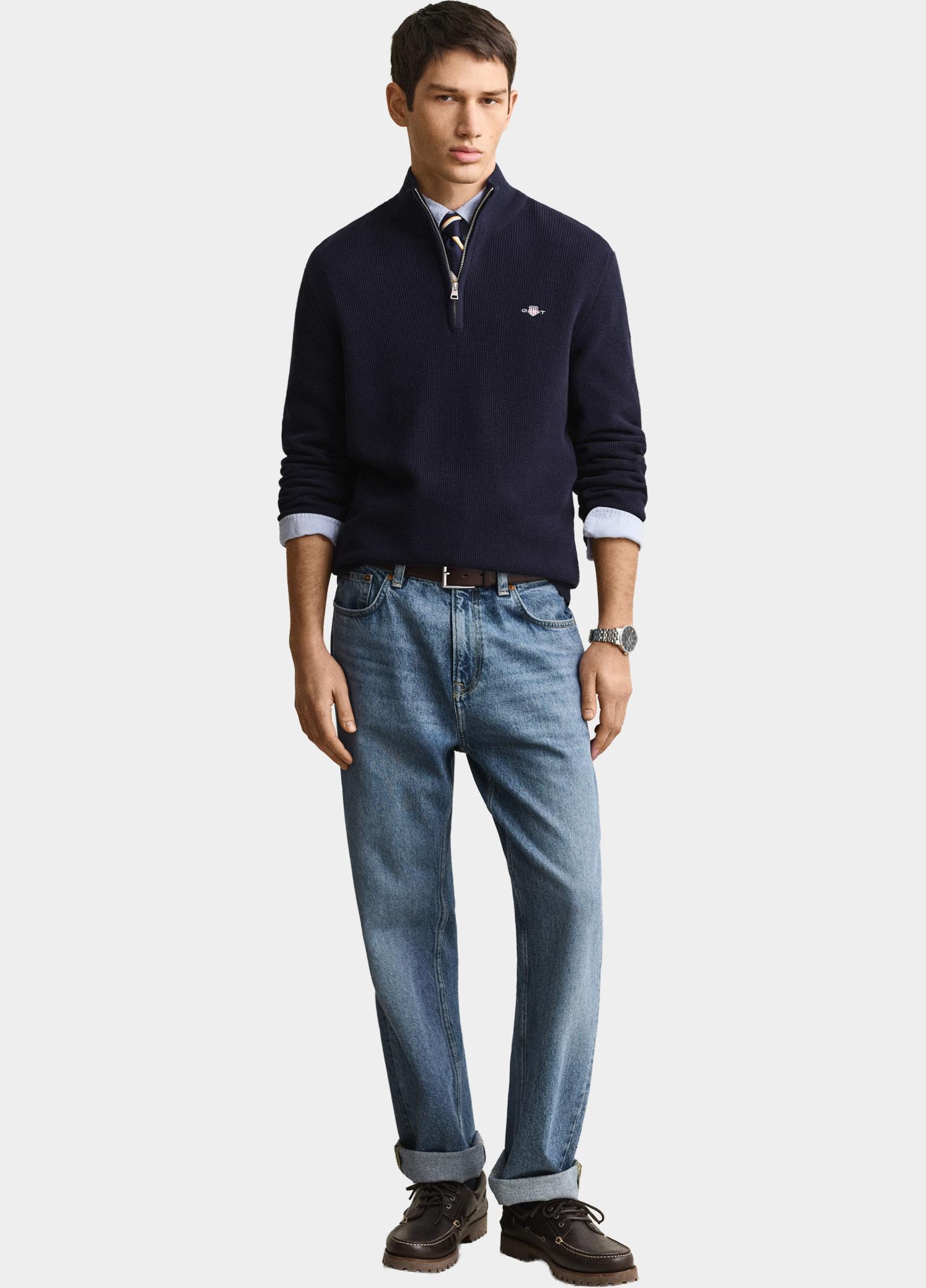 Gant Half Zip Blauw Katoenen Textured sweater met 8030292/433