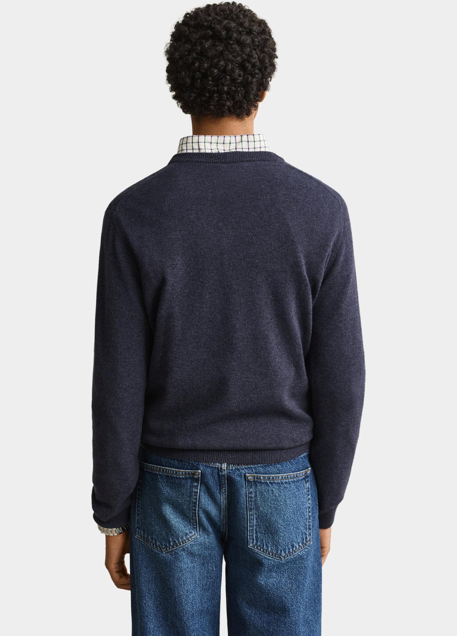 Gant Pullover heren Blauw Lamswollen trui met V-hals 87312/480
