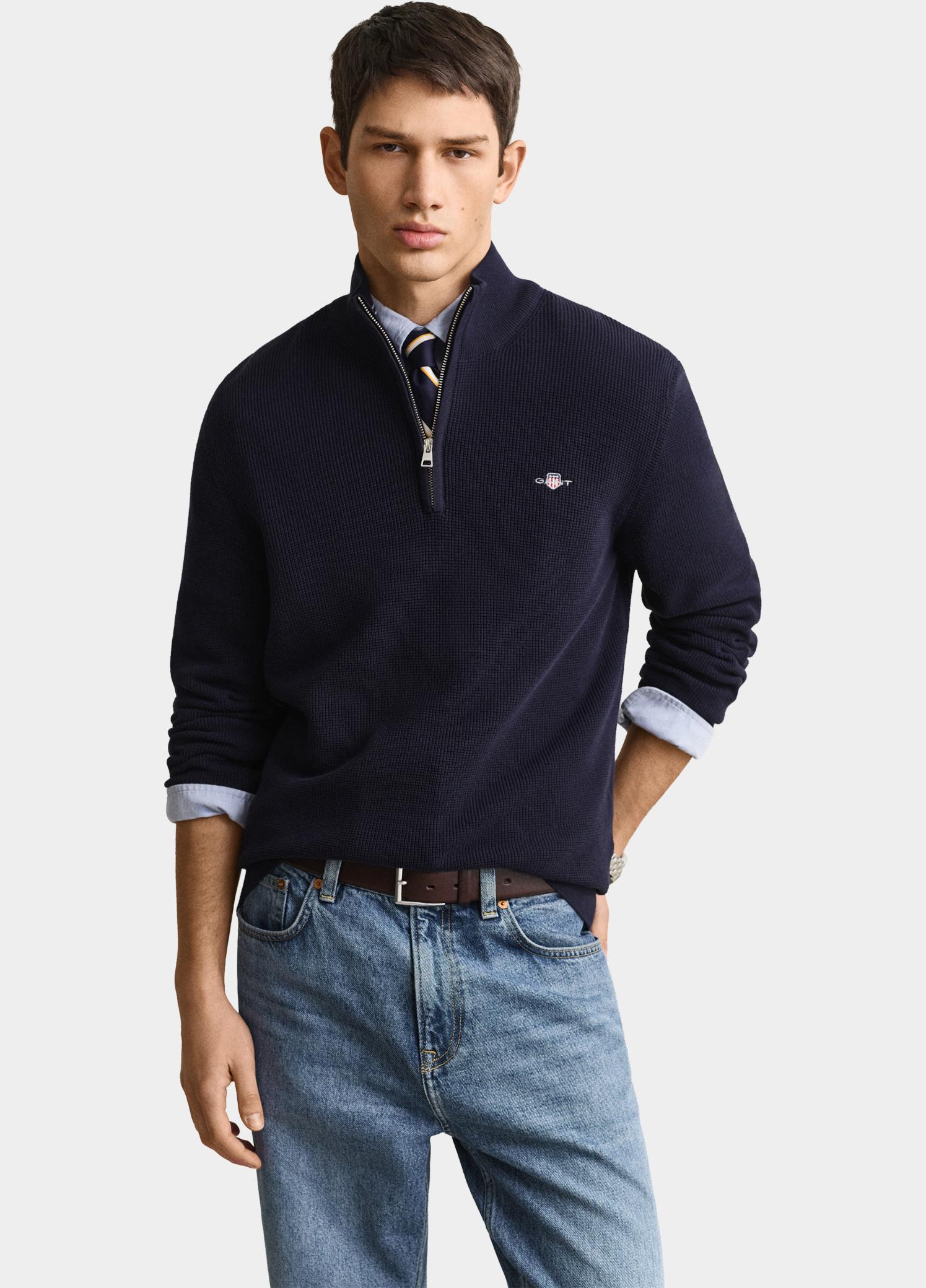Gant Half Zip Blauw Katoenen Textured sweater met 8030292/433