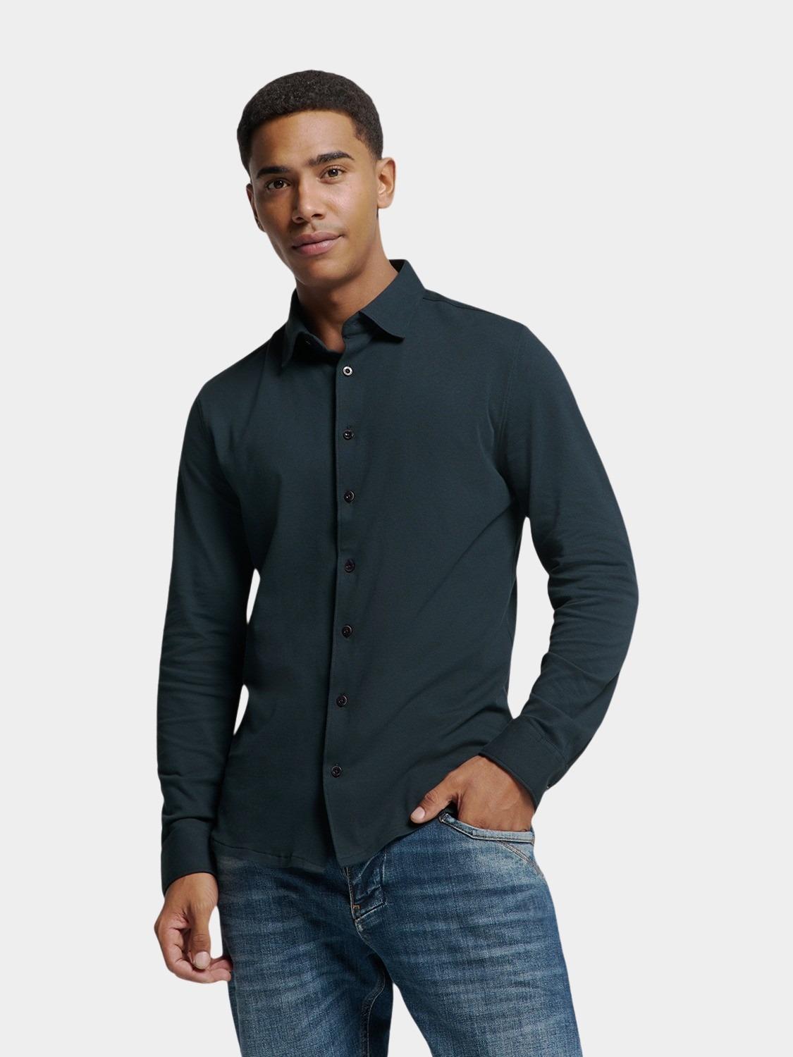 No Excess Casual hemd lange mouw Blauw Shirt Jersey Pique Stretch N4186/078