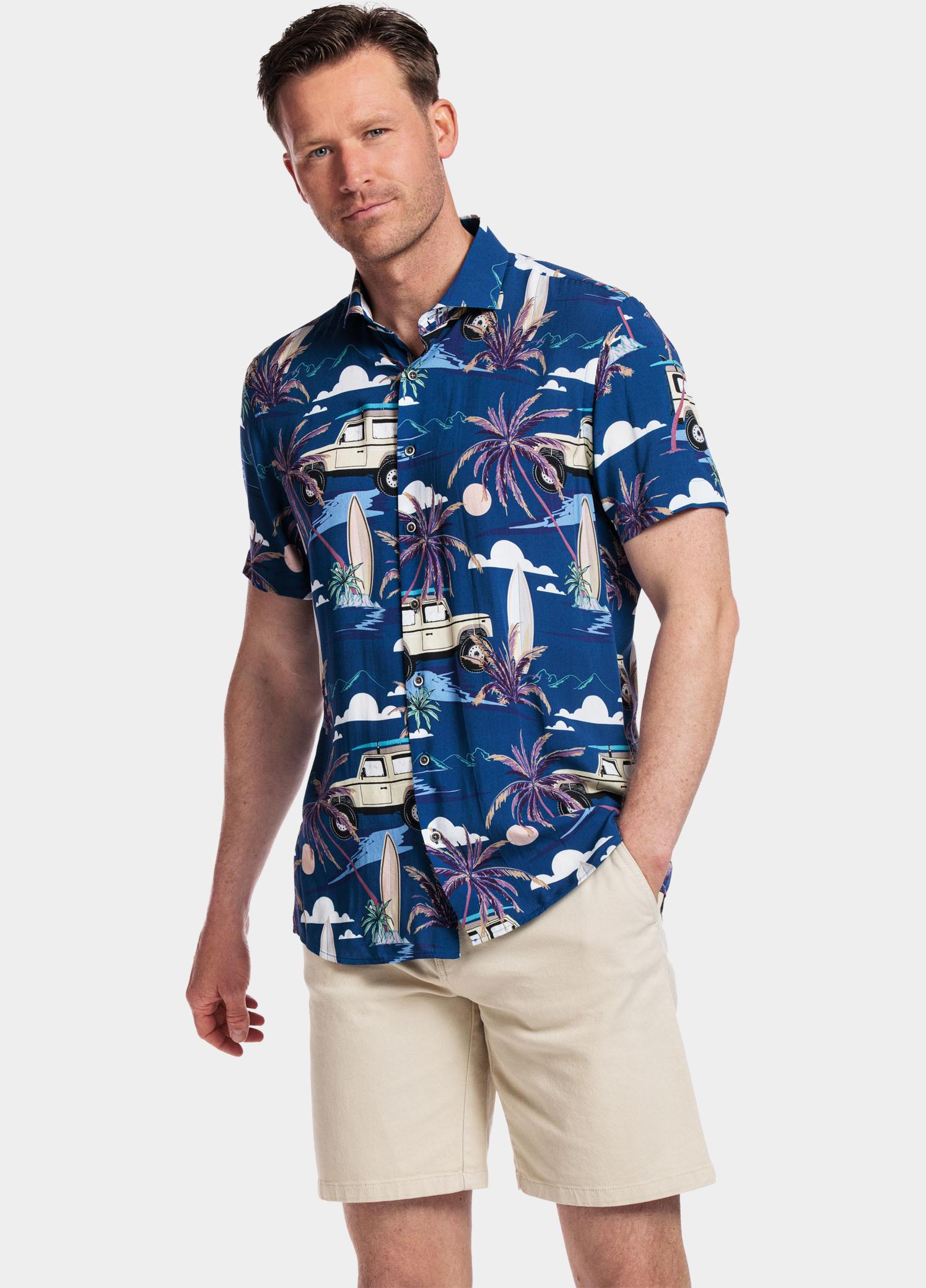 Giordano overhemd korte mouw heren Blauw Front, SS Cutaway Safari Prin 416818/60
