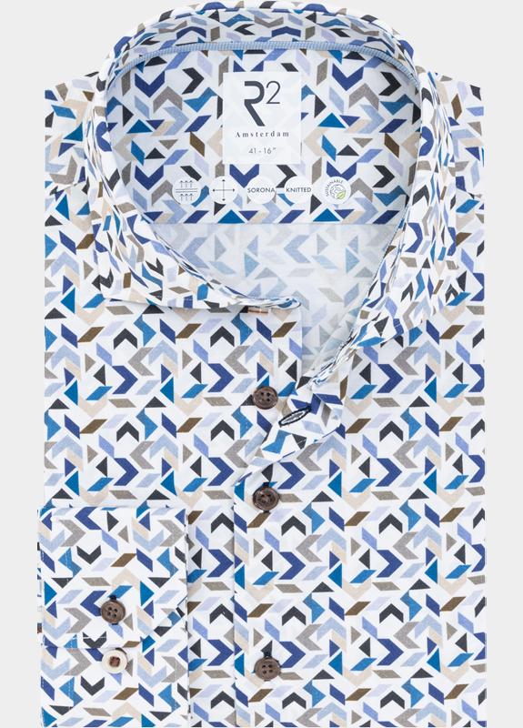 R2 Amsterdam Casual hemd lange mouw Blauw Blue beige graphic print cott 132.WSP.002/014