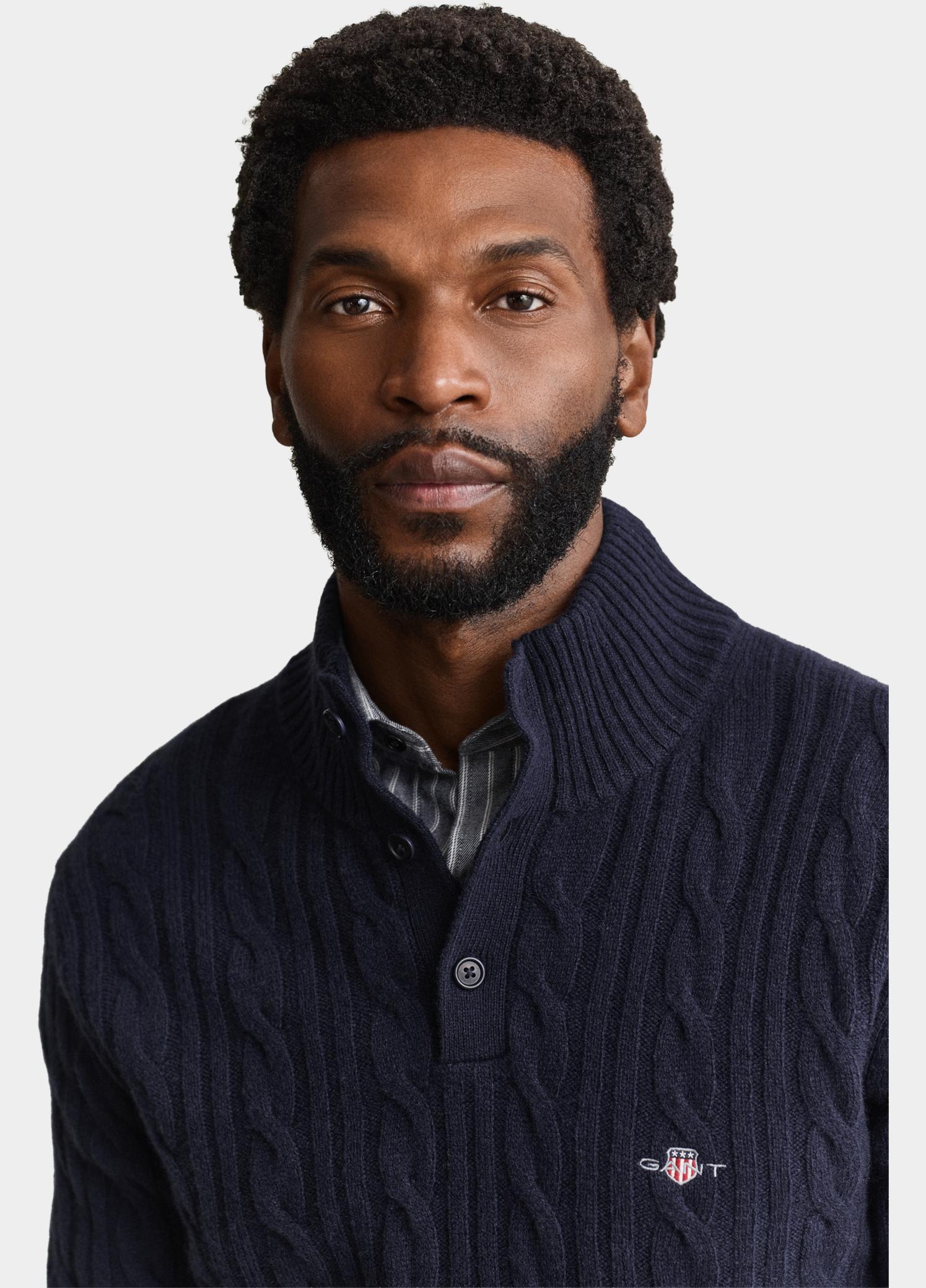 Gant Half Zip Blauw Lamswollen polotrui met kabel 8050325/433