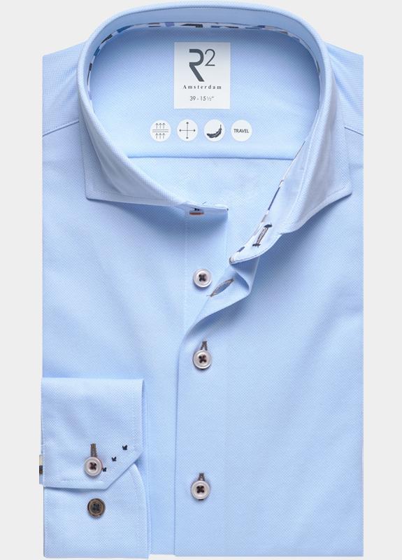 R2 Amsterdam Overhemd extra lange mouw Blauw Solid technical dobby knitted 132.WSP.XLS.001/018