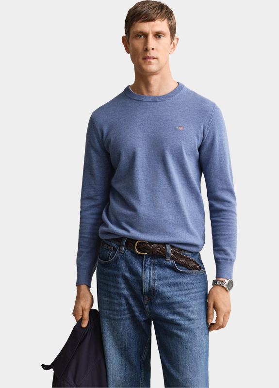 Gant Pullover heren Blauw Katoenen trui met ronde hals 8030561/906