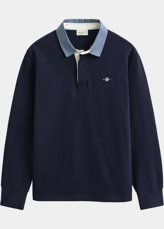 Gant Polo lange mouwen heren Blauw Chambray heavy rugger 2004082/433