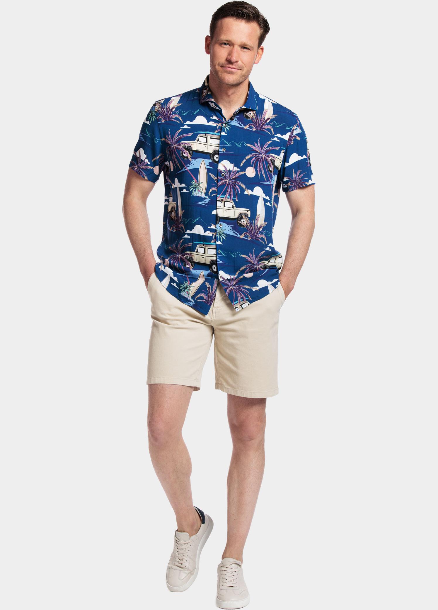 Giordano overhemd korte mouw heren Blauw Front, SS Cutaway Safari Prin 416818/60