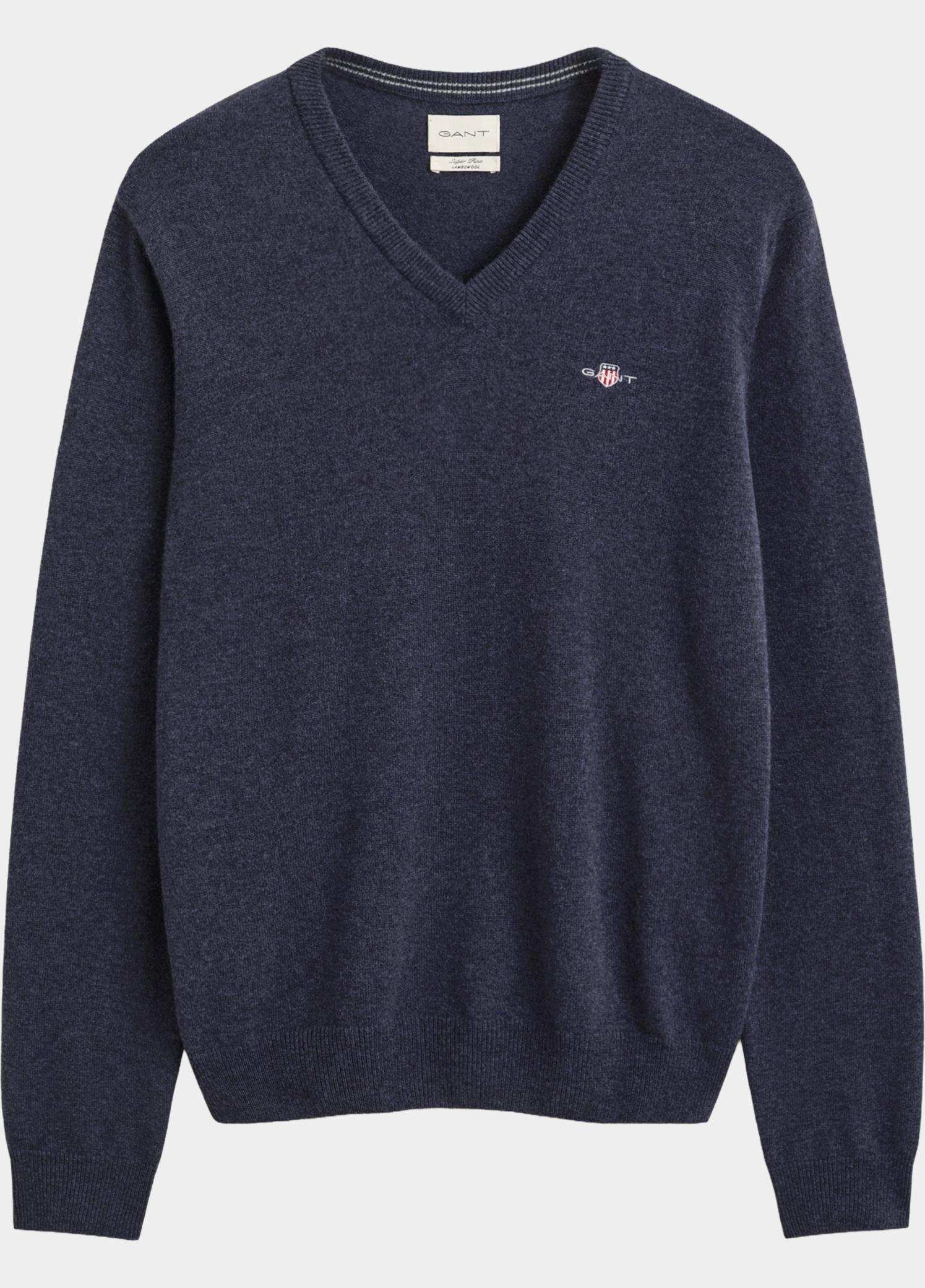 Gant Pullover heren Blauw Lamswollen trui met V-hals 87312/480