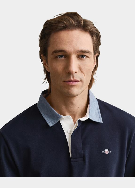 Gant Polo lange mouwen heren Blauw Chambray heavy rugger 2004082/433